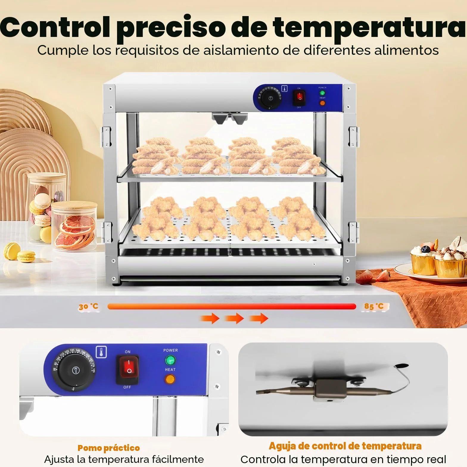 Recipiente Térmico, Vitrina Caliente 2 Niveles, 30-85°C, Calentador de Alimentos