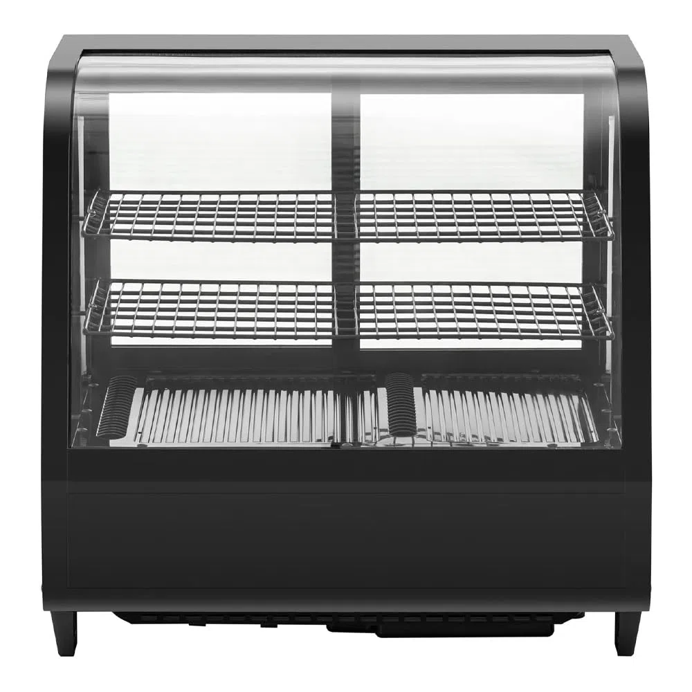 Vitrina Pastelera Expositora Refrigerada 2 Estantes con 2 Puertas Correderas Negra 100 Litros Ventilada | Vitrina Sobremesa Cristal Curvado