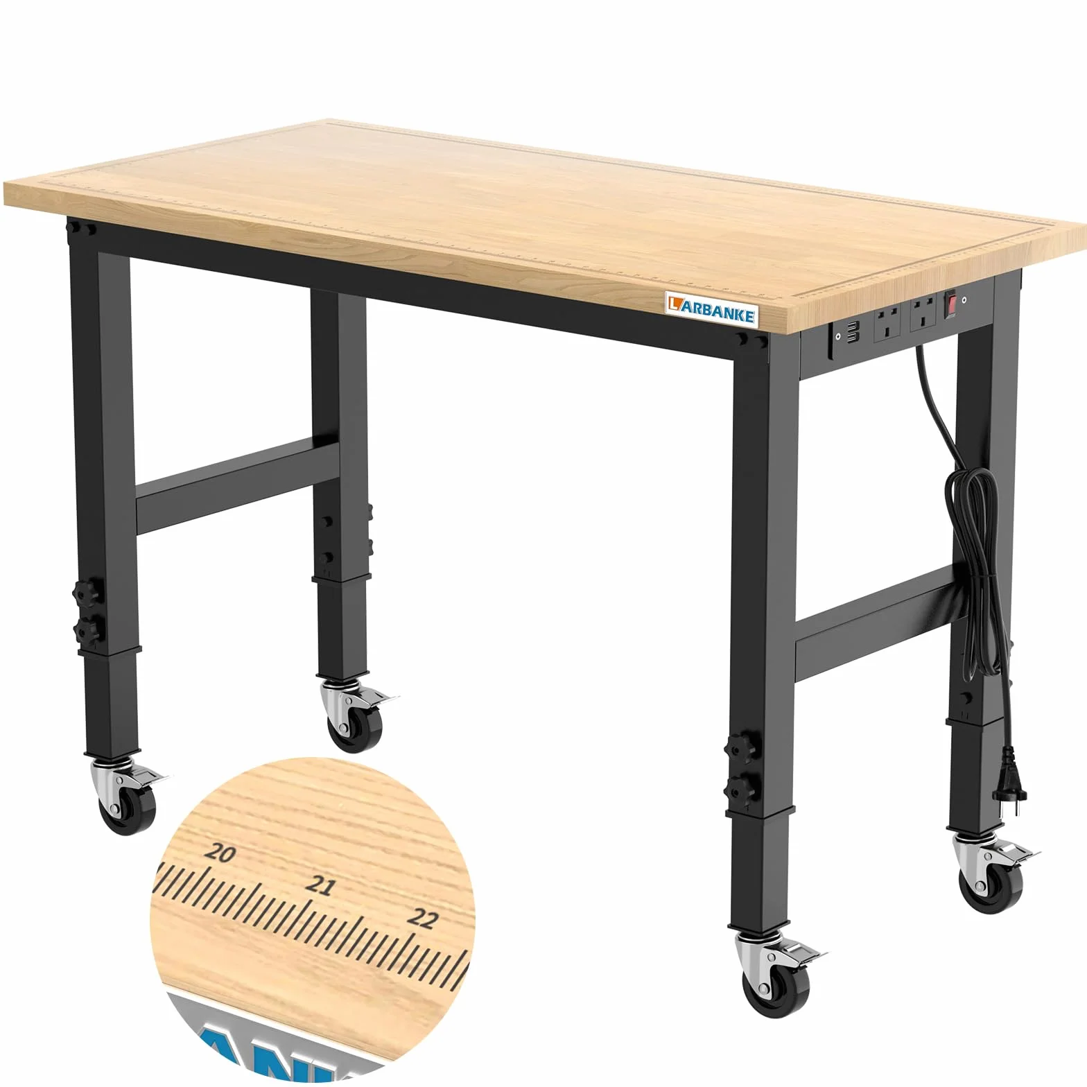 LARBANKE Banco de Trabajo 120CM Madera Caucho Ajustable 5 Alturas 900KG Ruedas Freno