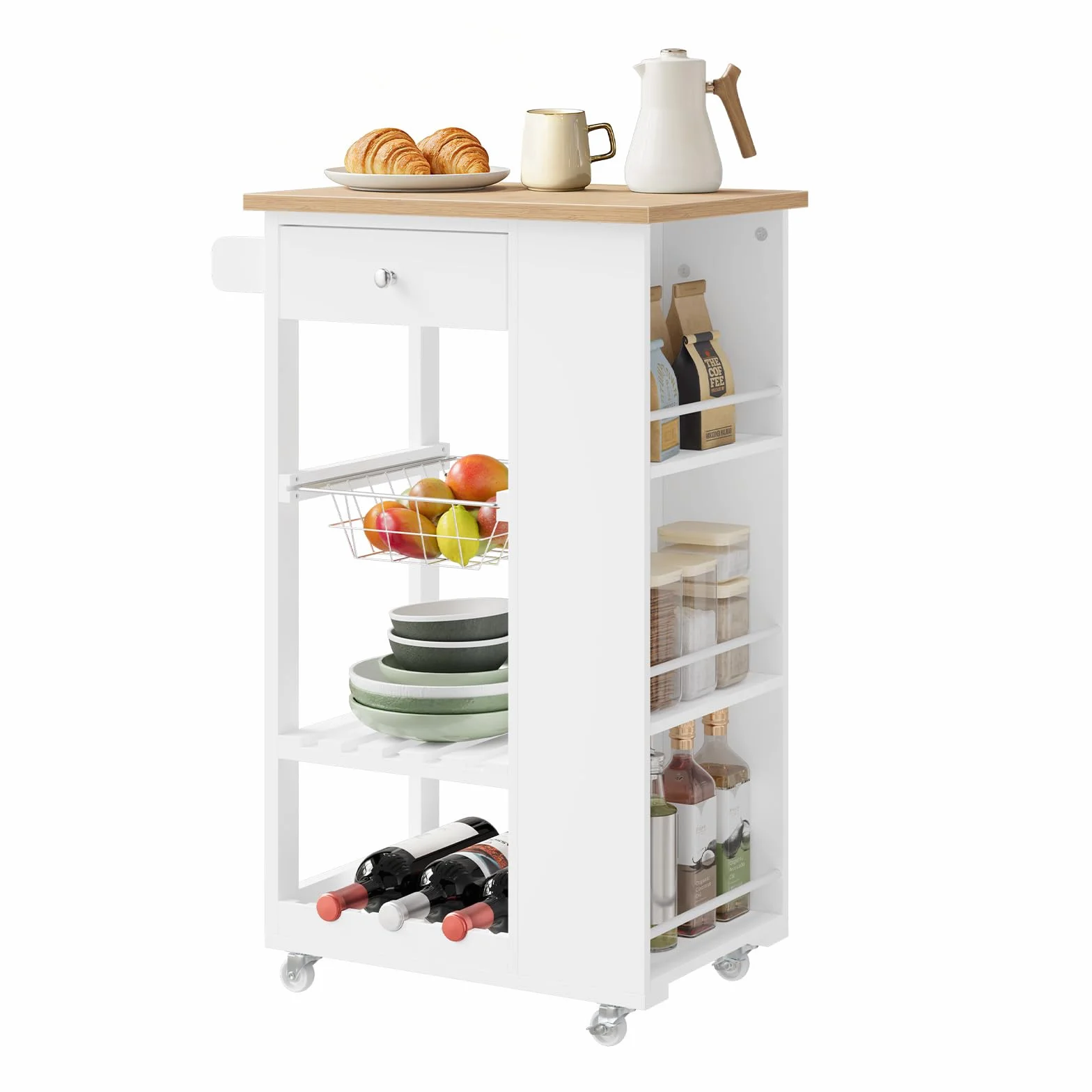WOLTU Carrito Cocina con Ruedas, Carro Servicio con Cajón, Cesta, Estante Abierto, Botellero y Estantería Lateral en 3 Niveles, Isla de Cocina Multifuncional, MDF+Metal, Color Bambú + Blanco