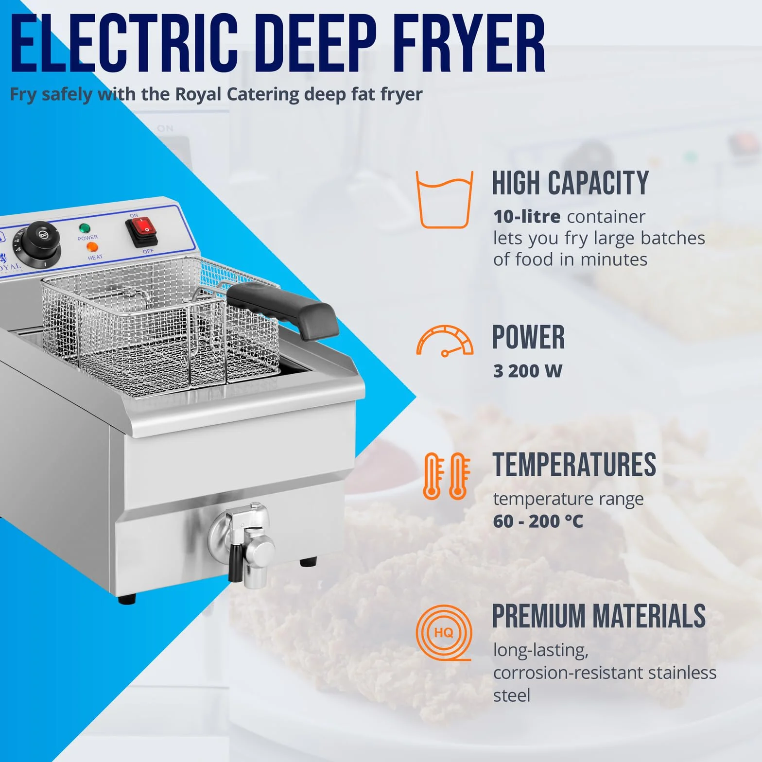 Royal Catering Freidora Eléctrica 1 x 10 Litros RCEF-10EH (3200 Watt, Grifo De Vaciado, Ajuste Automático De Temperatura)