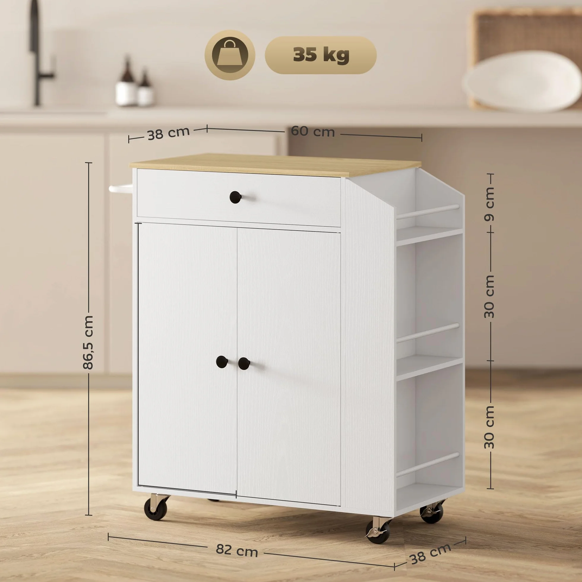 HOMCOM Isla de Cocina con Ruedas Carrito de Cocina Mueble Auxiliar de Cocina con 2 Puertas Cajón Especiero de 3 Niveles Toallero y Estante Ajustable 82x38x86,5 cm Blanco