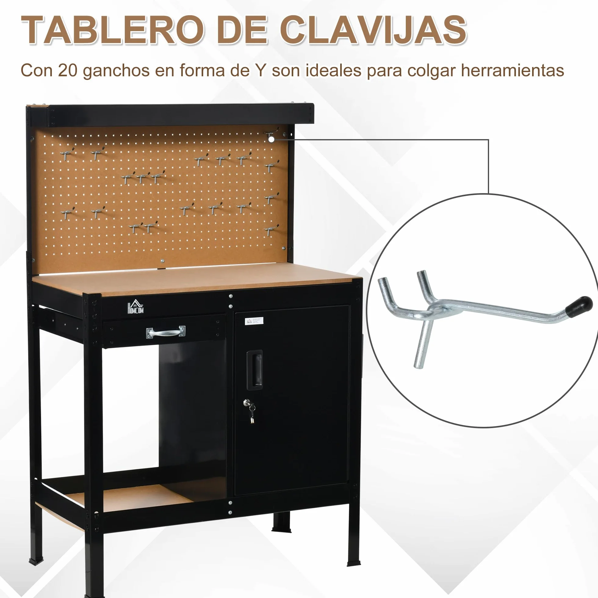 HOMCOM Banco de Trabajo 98,5x48x140 cm Carga 100 kg Mesa con Panel Perforado Negro