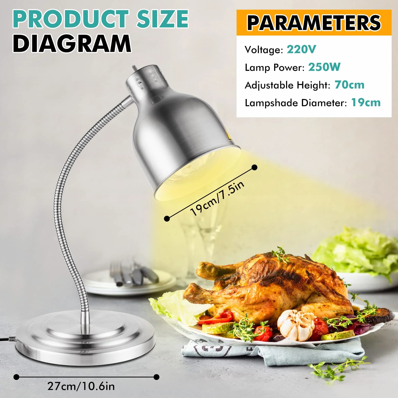 YJINGRUI Lámpara de calor para alimentos de pie, 250 W, plateada, con manguera extensible hasta 70 cm, para buffet, cocina, restaurante (bombilla única)
