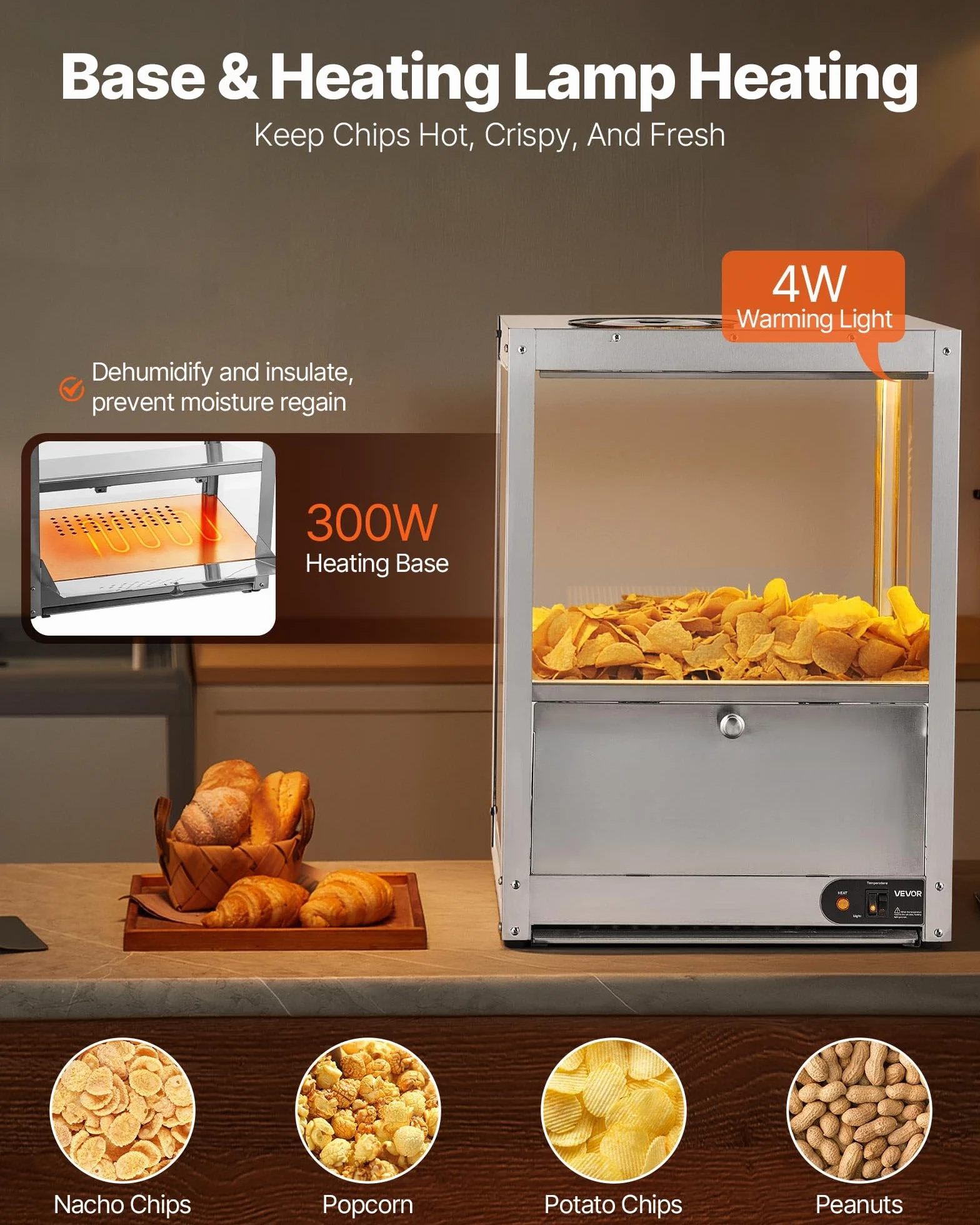 VEVOR Vitrina de Calor para Nachos 80 L 300 W Acero Inoxidable Expositor Térmico