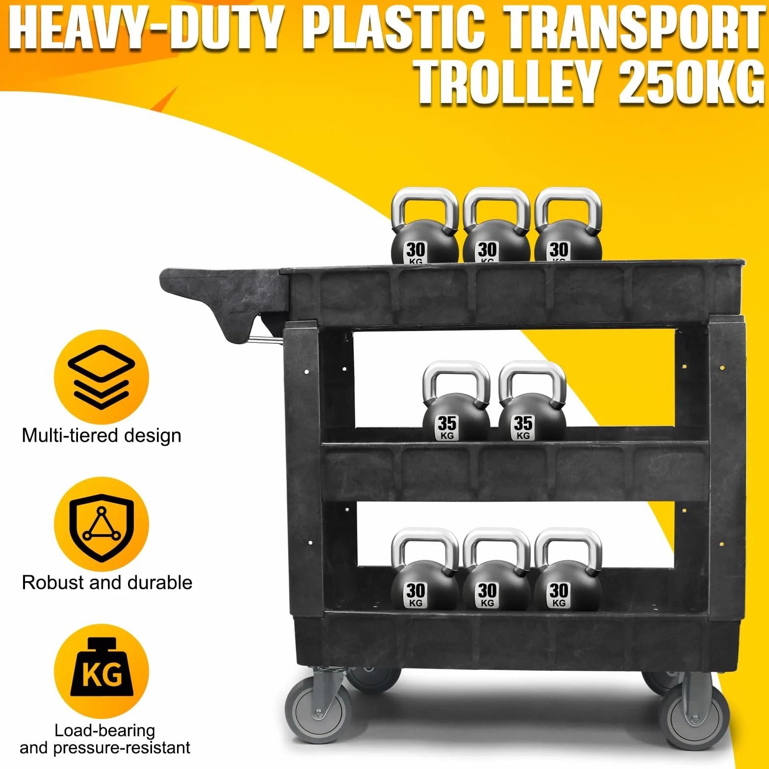 Carro de Taller de 3 Niveles (103×44×85 cm), Capacidad 250 kg – estantes Ajustables, Ruedas giratorias y Mango con Compartimentos – mazo de Goma Incluido