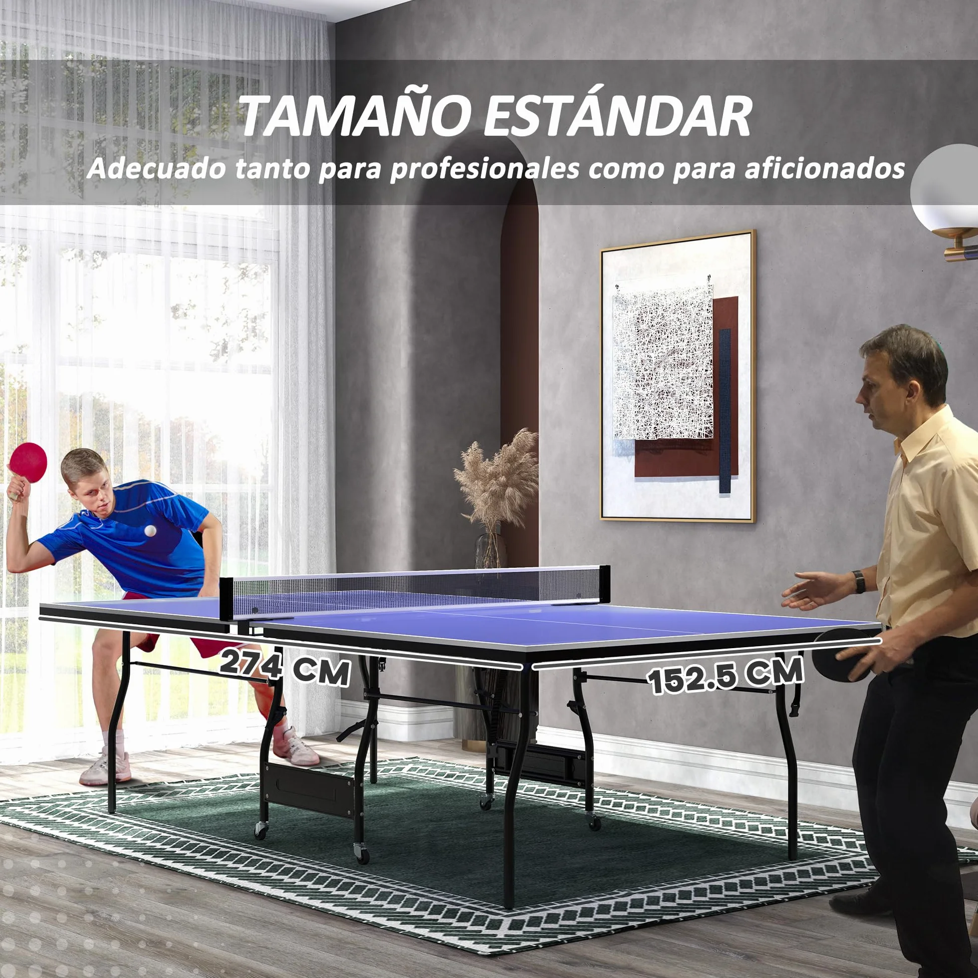 SPORTNOW Mesa de Ping-Pong Plegable Tamaño Estándar con 4 Ruedas, Red, 2 Paletas y 3 Pelotas 274x152,5x76 cm Azul