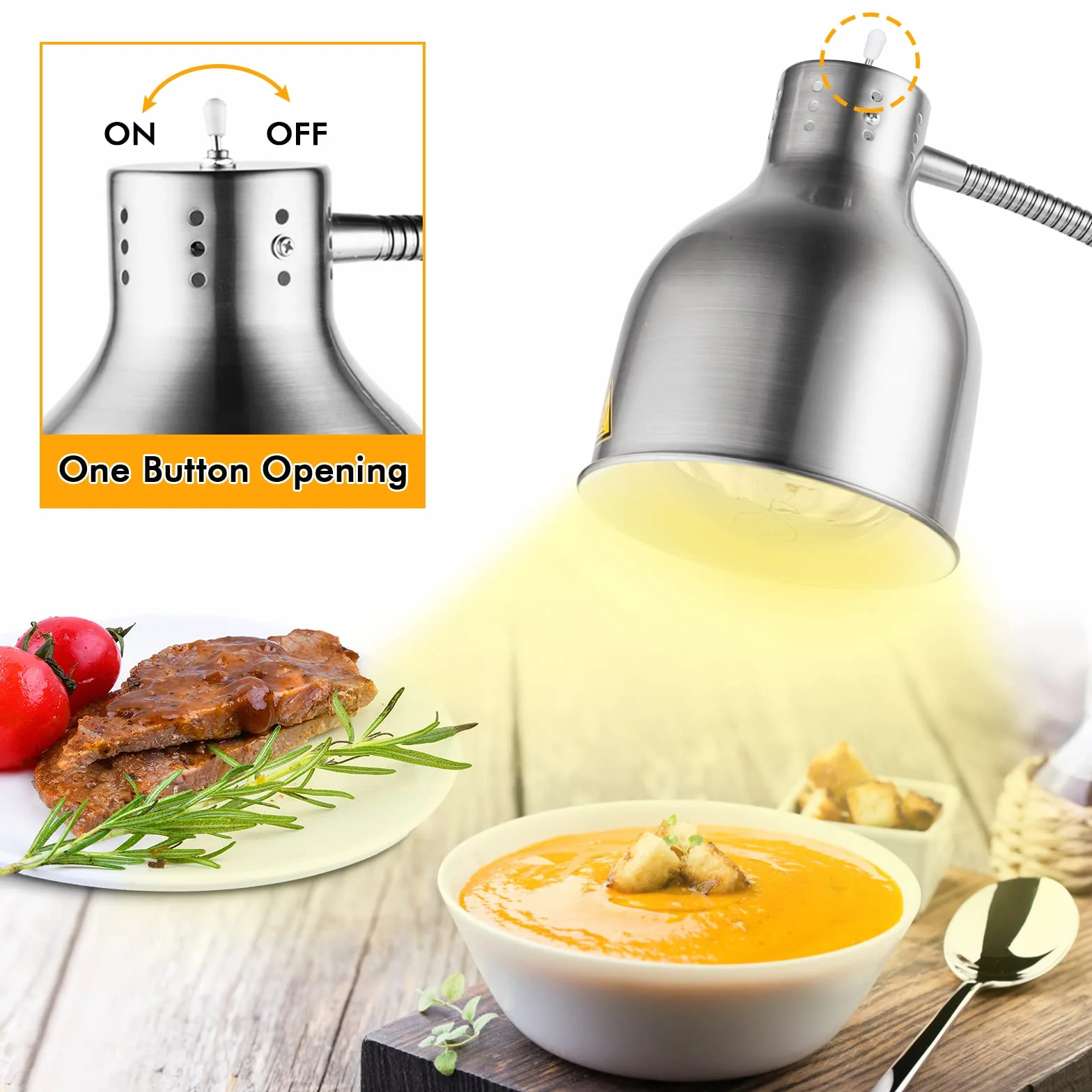 YJINGRUI Lámpara de calor para alimentos de pie, 250 W, plateada, con manguera extensible hasta 70 cm, para buffet, cocina, restaurante (bombilla única)