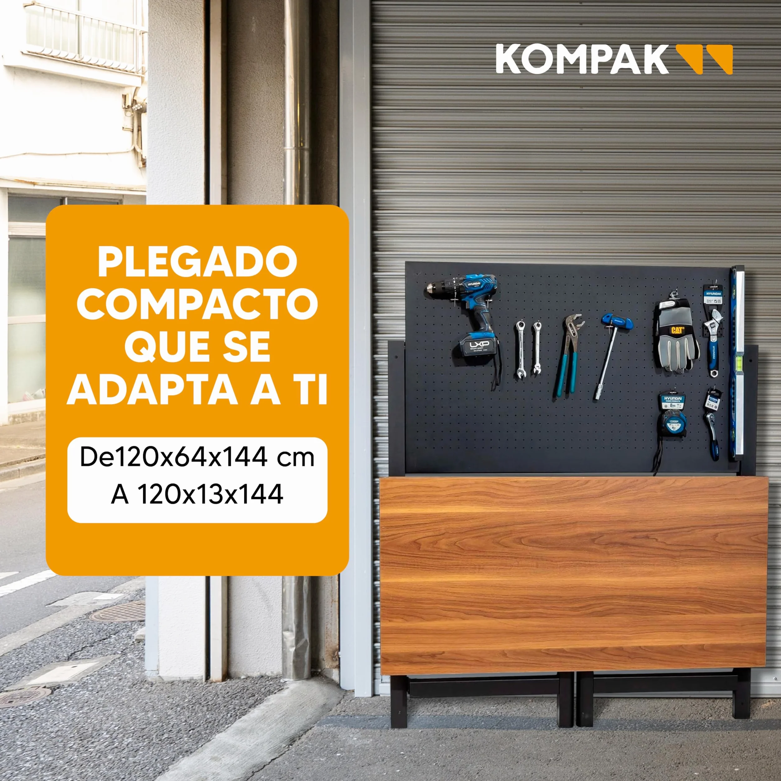 Kompact Banco de Trabajo Plegable de Pared con Altura Regulable, Mesa de Trabajo con Panel Perforado y Ganchos
