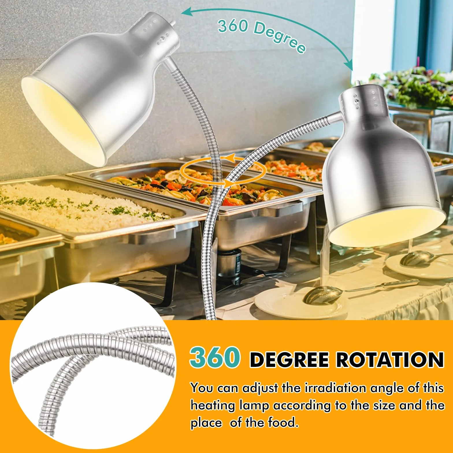 YJINGRUI Lámpara de calor para alimentos de pie, 250 W, plateada, con manguera extensible hasta 70 cm, para buffet, cocina, restaurante (bombilla única)