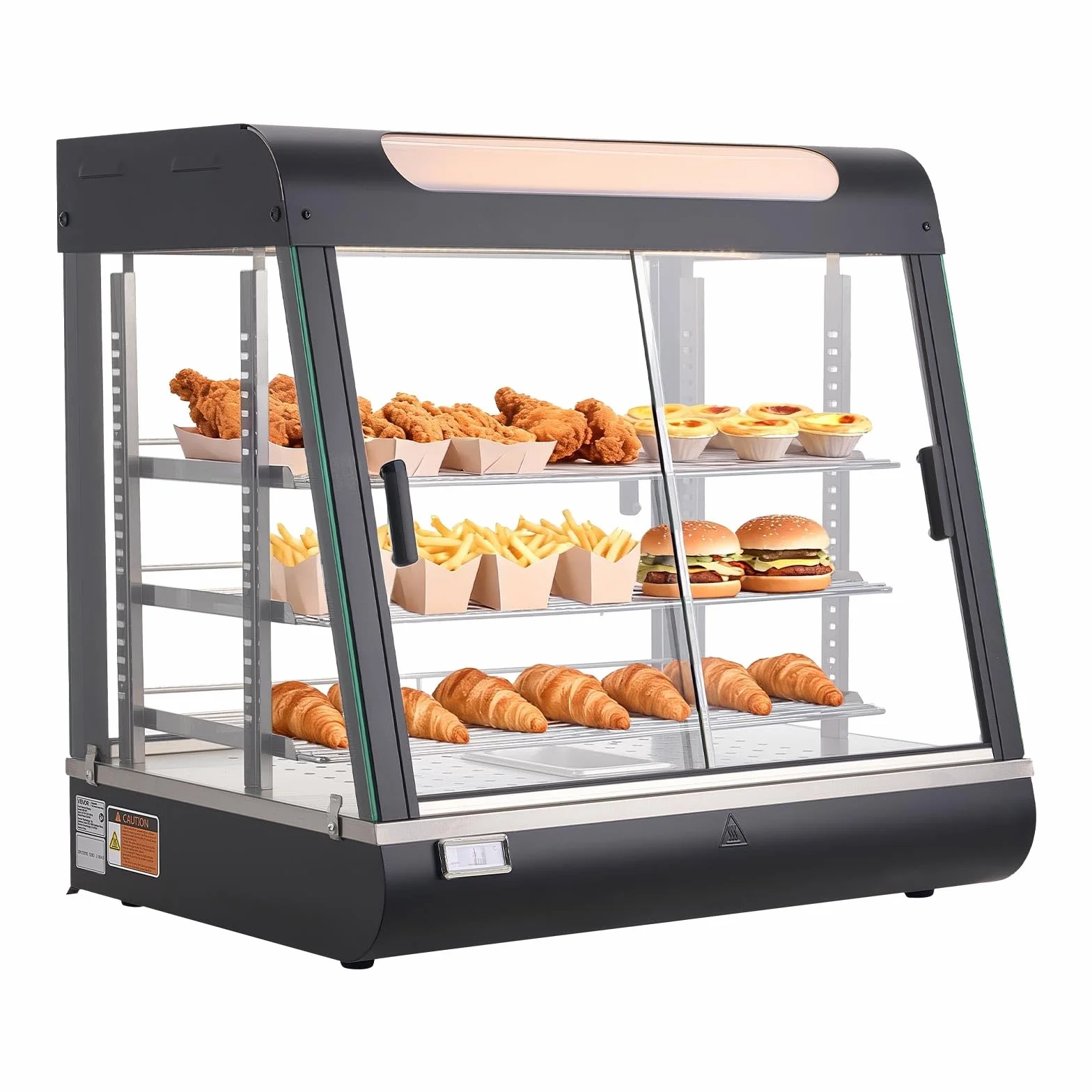 VEVOR Vitrina de Calor para Hostelería 1200 W 100 L 3 Niveles con Luz LED, Estantes Extraíbles 30-85°C