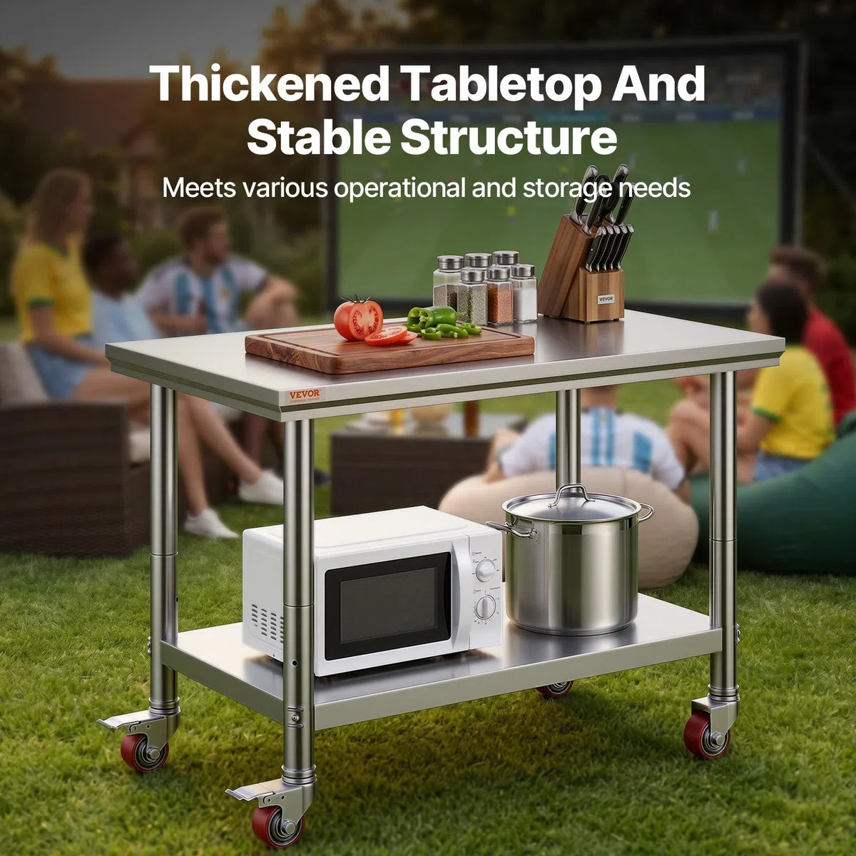 VEVOR Mesa de Trabajo 2 Niveles 90 x 60 x 85 cm, Mesa con Ruedas de Acero Inoxidable, Estante Inferior Ajustable, para Preparación de Alimentos en Cocinas Comerciales, Restaurantes, Garajes, Talleres