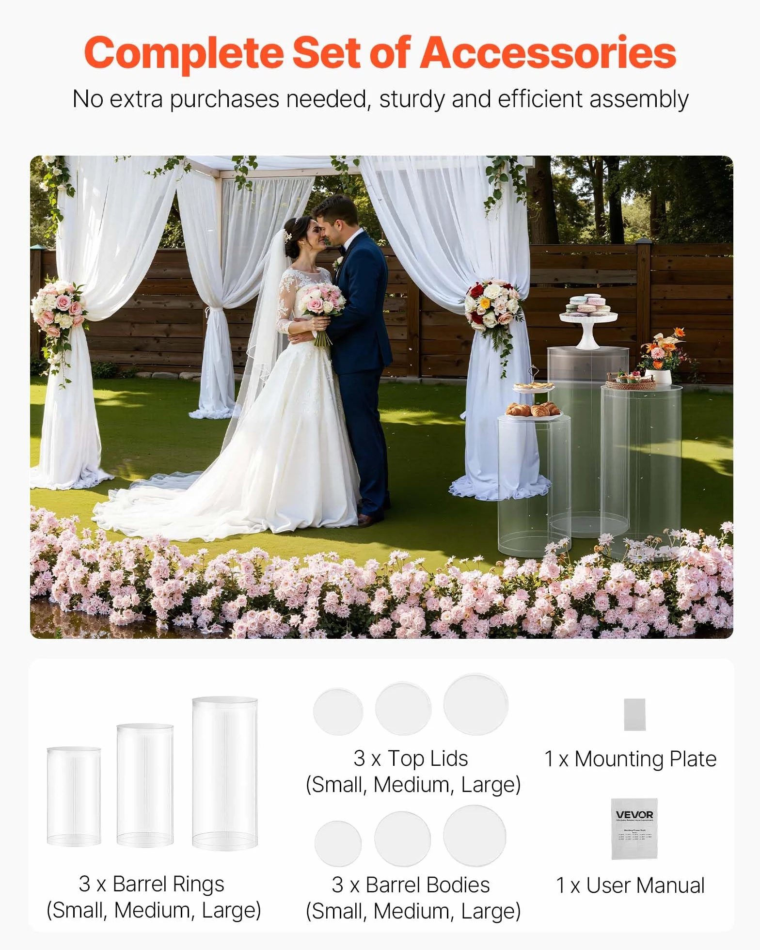 VEVOR Soporte Floral para Bodas, 3 uds, Pedestal Cilíndrico Redondo de 60/75/90 cm, con Tapa Acrílica Transparente, Diseño Moderno y Duradero, para Fiestas, Cumpleaños y Decoración Artística