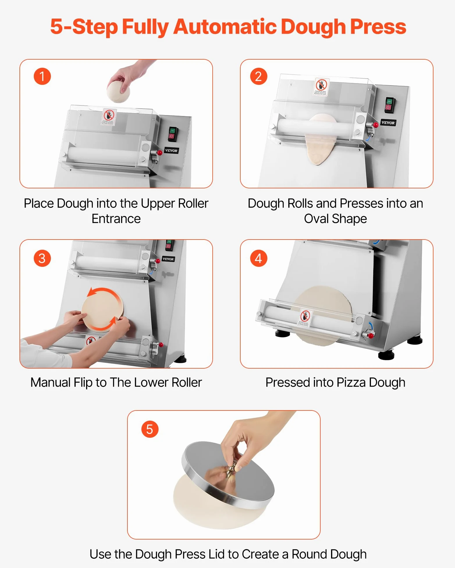 VEVOR Rodillo Laminador de Masa para Pizza, Prensa Semiautomática de Acero Inoxidable 7,6 a 40,6 cm, 390 W, 260 Piezas por Hora, Grosor Ajustable, con Tapa para Prensar Masa, 530 x 520 x 640 mm
