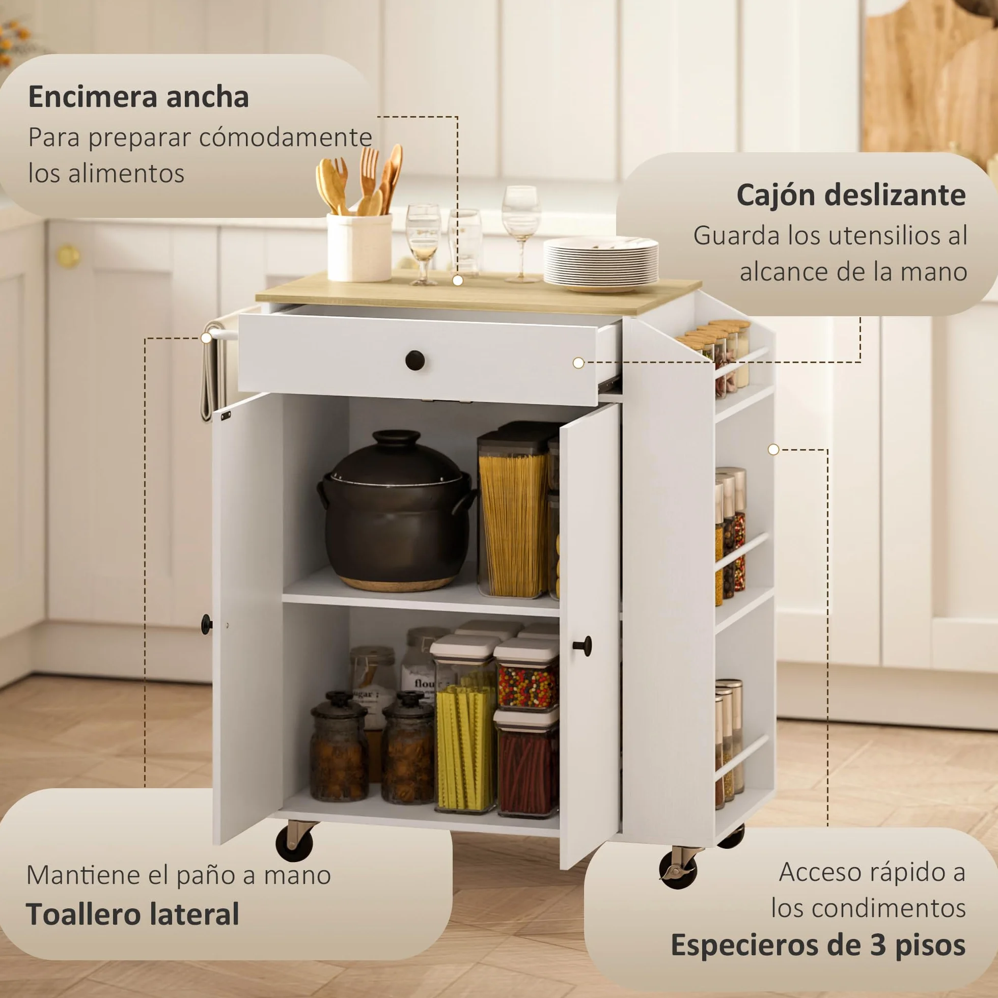 HOMCOM Isla de Cocina con Ruedas Carrito de Cocina Mueble Auxiliar de Cocina con 2 Puertas Cajón Especiero de 3 Niveles Toallero y Estante Ajustable 82x38x86,5 cm Blanco