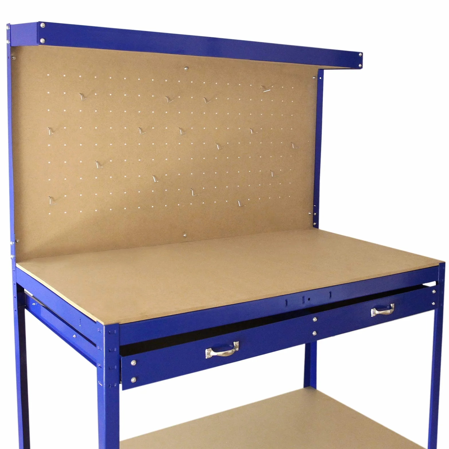 Mesa de Trabajo Metálica 155x120x60cm Banco de Trabajo Azul con Tablero de Clavijas y Cajón Capacidad 200kg Almacenamiento Herramientas Taller Garaje