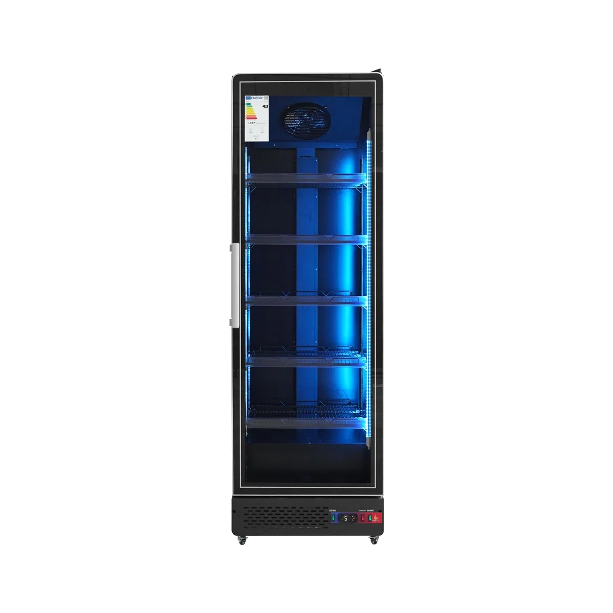 Armario Expositor Refrigerado Profesional | 1 Puerta Cristal, Sub-Zero, 450L, Luz LED Multicolor, Control Digital CAREL, Ventilado, Clase Energética B, Acero Inox Negro