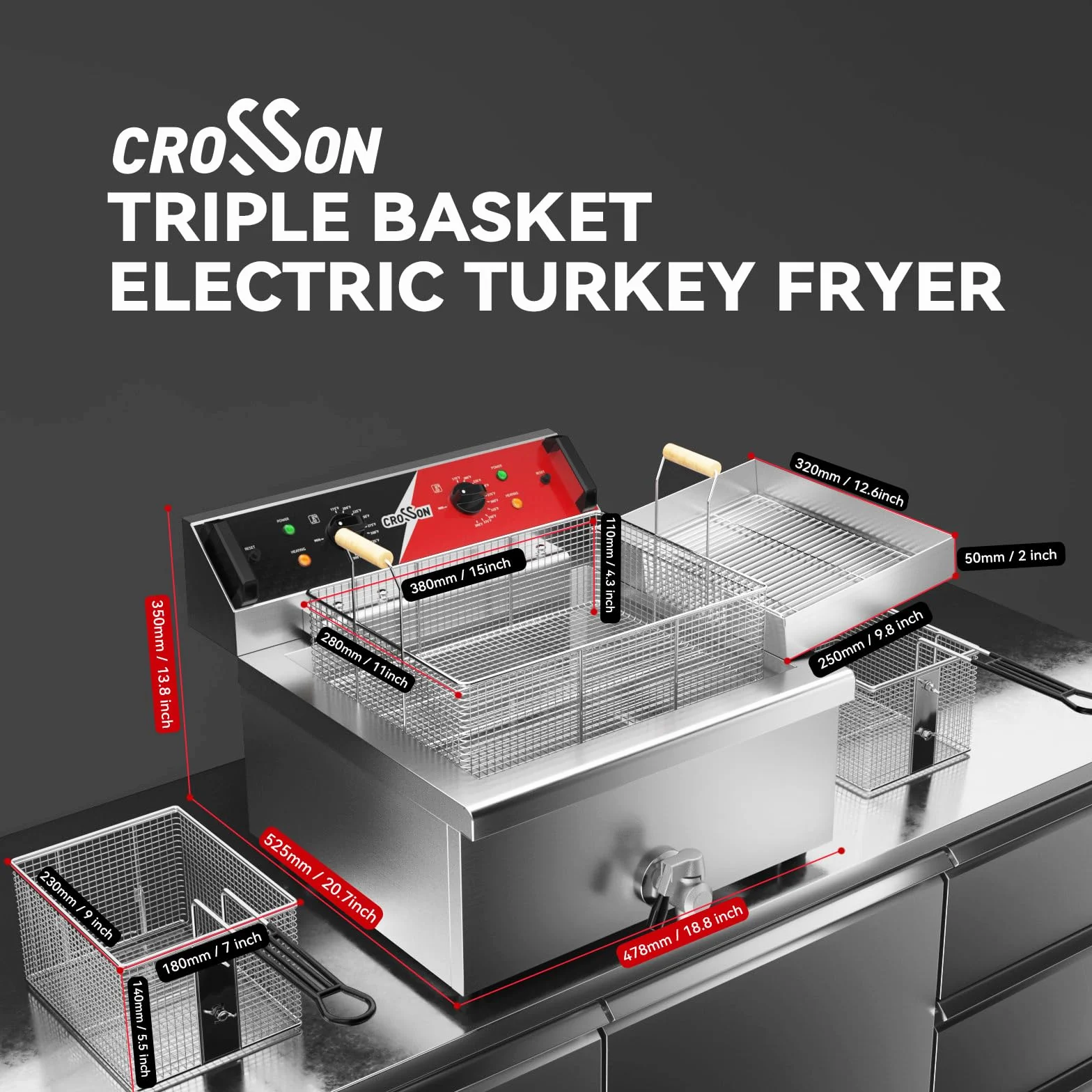 Freidora eléctrica CROSSON 12L de tres canastas con boquilla de aceite, rejilla de drenaje de aceite, freidora comercial de donuts para freír un pez o un pollo entero