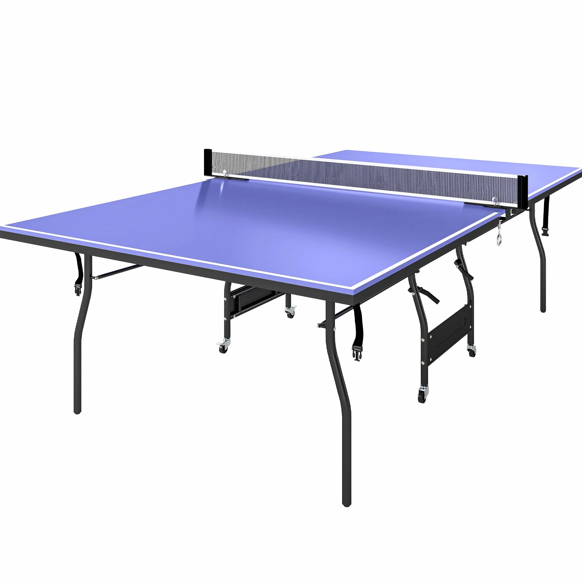 SPORTNOW Mesa de Ping-Pong Plegable Tamaño Estándar con 4 Ruedas, Red, 2 Paletas y 3 Pelotas 274x152,5x76 cm Azul