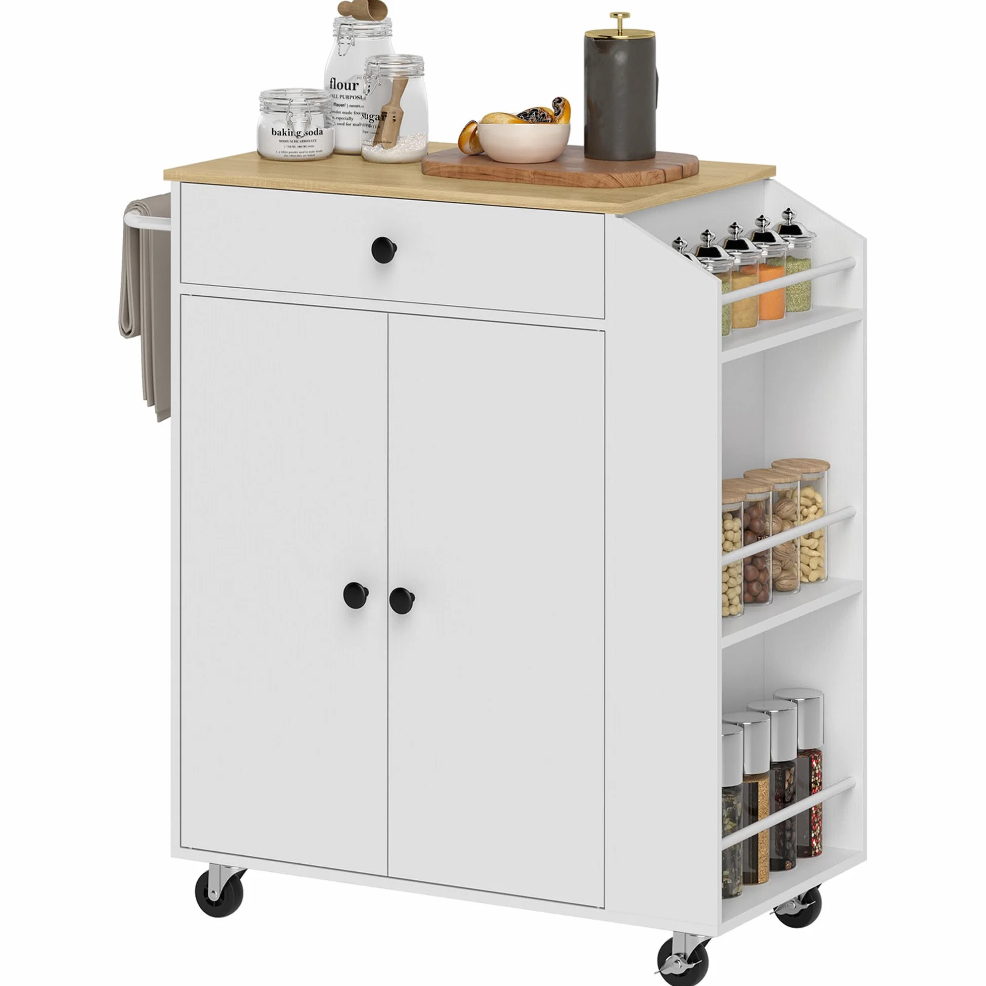 HOMCOM Isla de Cocina con Ruedas Carrito de Cocina Mueble Auxiliar de Cocina con 2 Puertas Cajón Especiero de 3 Niveles Toallero y Estante Ajustable 82x38x86,5 cm Blanco