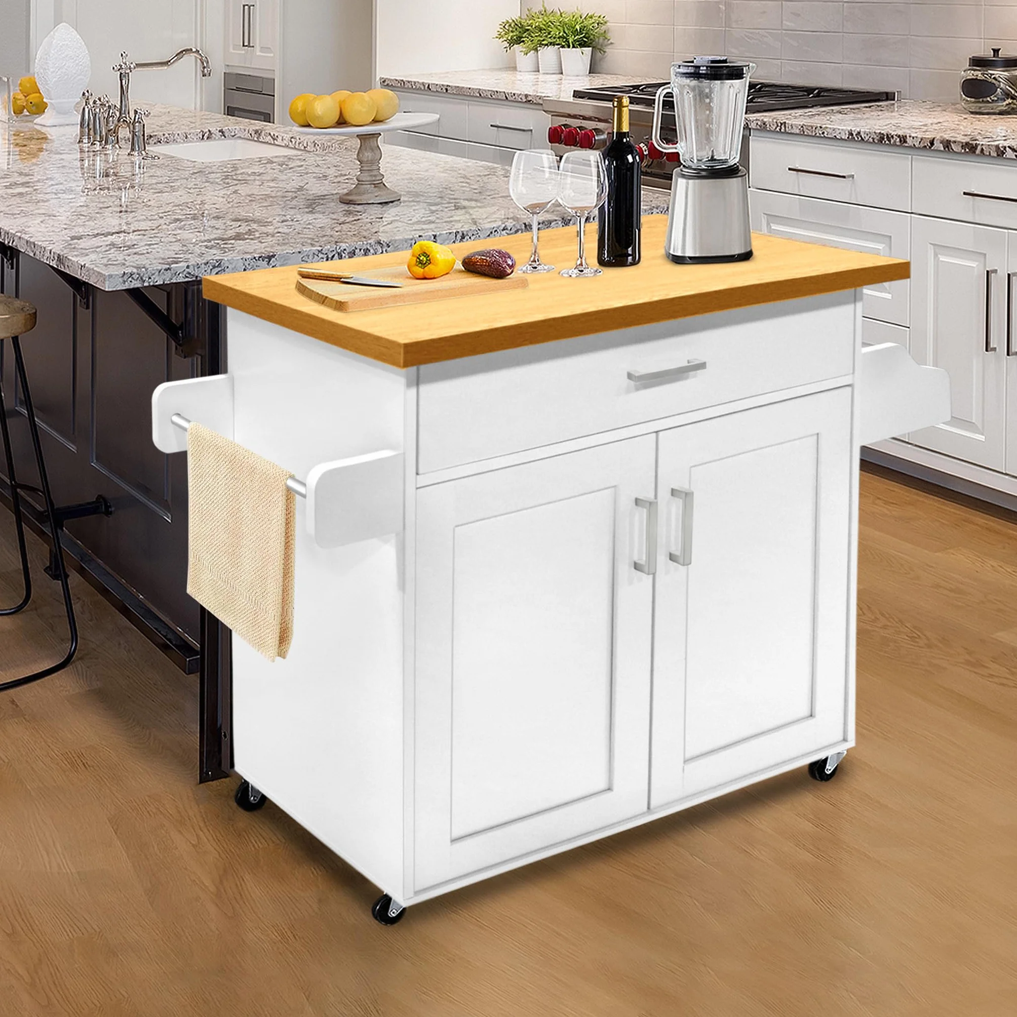 UISEBRT Carro de cocina con encimera, isla de cocina de madera, armario de cocina con ruedas, carrito de servicio con cajón y estante, carrito de cocina en estilo rústico, color blanco