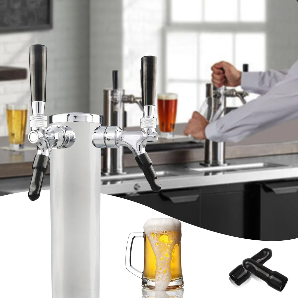 PERA Torre de grifo de cerveza doble de acero inoxidable de 3 pulgadas de diámetro, dispensador de torre Kegerator con núcleo SS, accesorio de montaje para cerveza casera, barril Kegerator