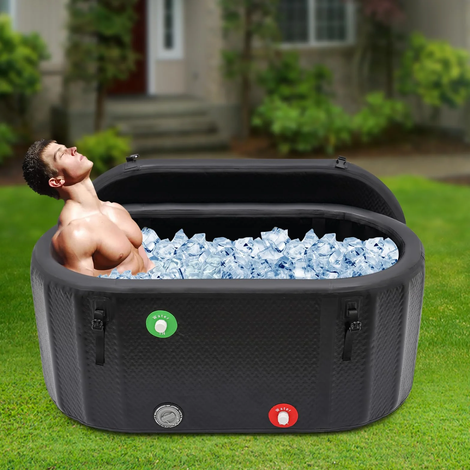 Cubo de hielo inflable con bomba inflable, bañera de hielo, terapia de frío ovalada para deportistas, campamentos de verano, interiores, exteriores (negro, 150 x 80 x 75 cm)