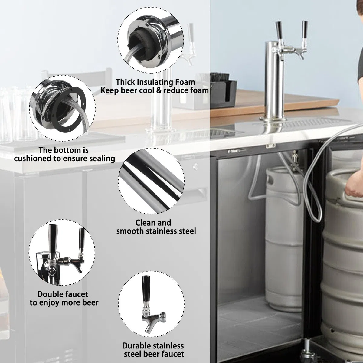 PERA Torre de grifo de cerveza doble de acero inoxidable de 3 pulgadas de diámetro, dispensador de torre Kegerator con núcleo SS, accesorio de montaje para cerveza casera, barril Kegerator
