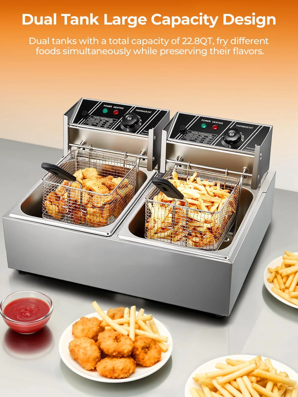 FOHERE Freidoras Aceite de 21.6L, Freidora Industriales Doble de Acero Inoxidable de 3400W con Cesta y Tapa, Temperatura Ajustable de 60-200°C, para Cocina, Restaurante, Fácil de Limpiar