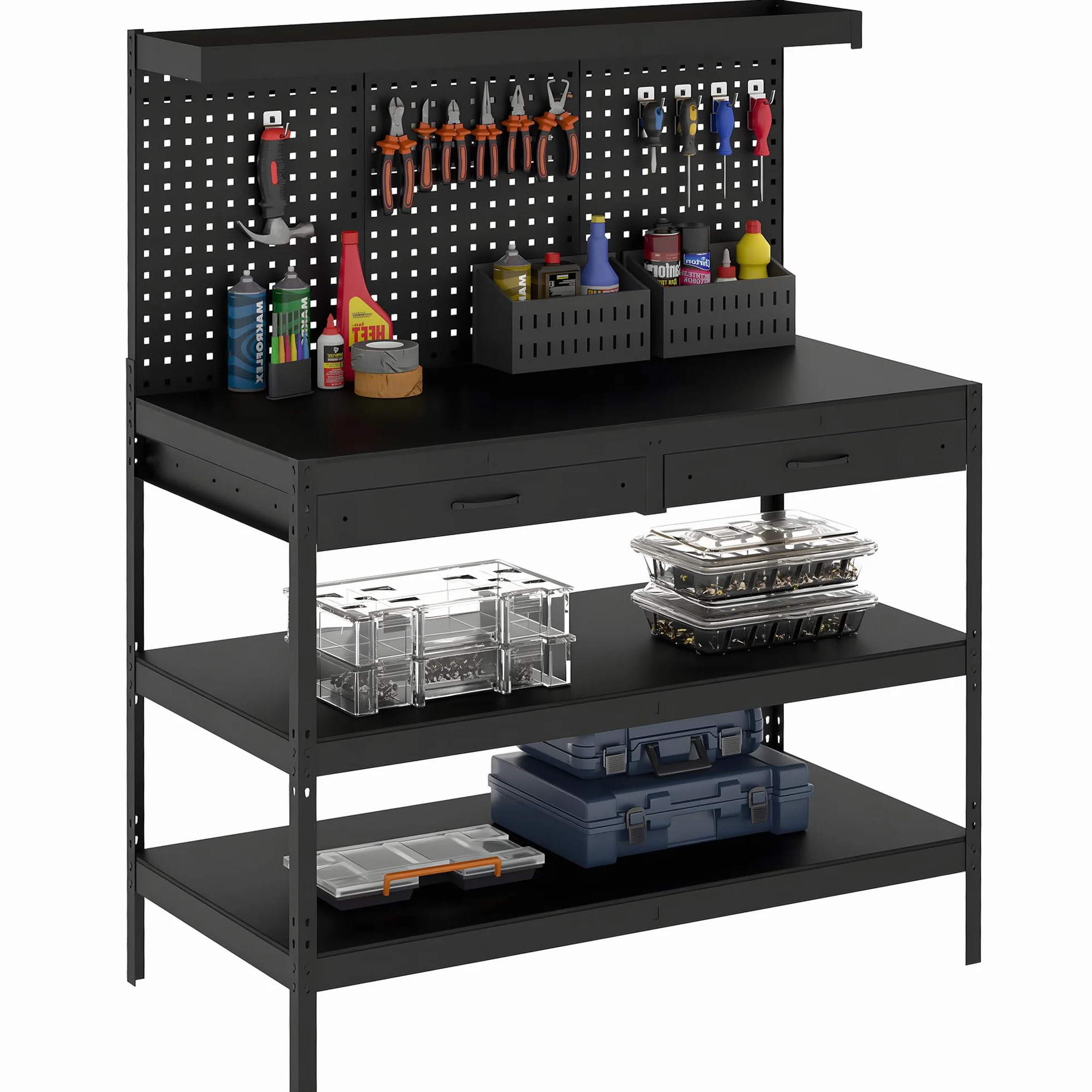 HOMCOM Banco de trabajo 1220 x 610 x 1560 mm con pared perforada, 2 cajones y 2 estantes ajustables, 272 kg capacidad