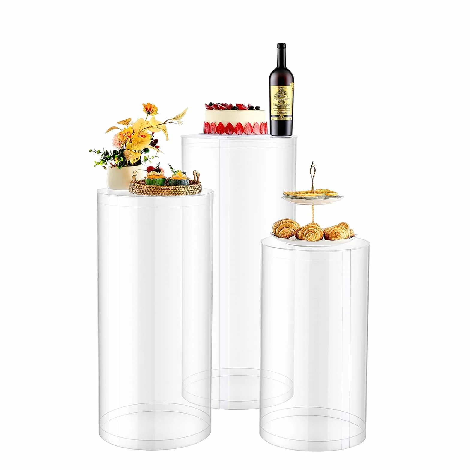 VEVOR Soporte Floral para Bodas, 3 uds, Pedestal Cilíndrico Redondo de 60/75/90 cm, con Tapa Acrílica Transparente, Diseño Moderno y Duradero, para Fiestas, Cumpleaños y Decoración Artística
