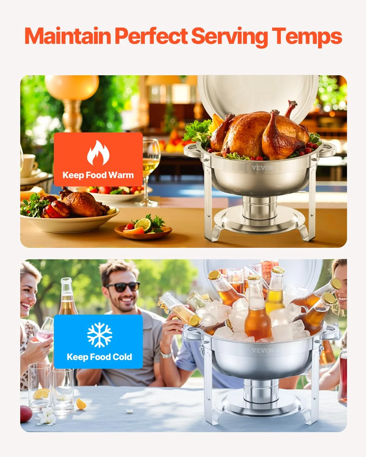 VEVOR Calentador de Alimentos para Bufé con 4 Recipientes de Tamaño Completo(4,7 L Cada Uno), Redondo, para Catering con Tapa, Bandeja de Agua y Soporte Plegable, para Bodas y Fiestas, Plata