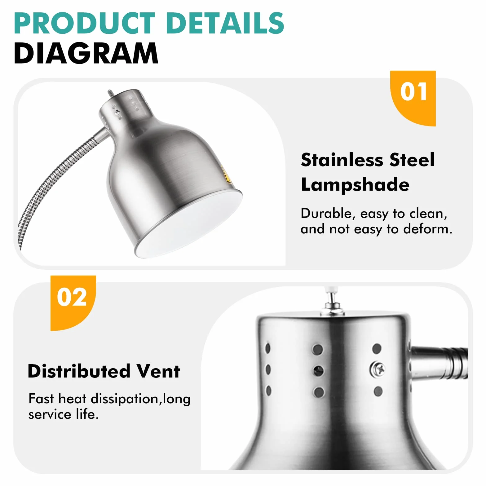 YJINGRUI Lámpara de calor para alimentos de pie, 250 W, plateada, con manguera extensible hasta 70 cm, para buffet, cocina, restaurante (bombilla única)