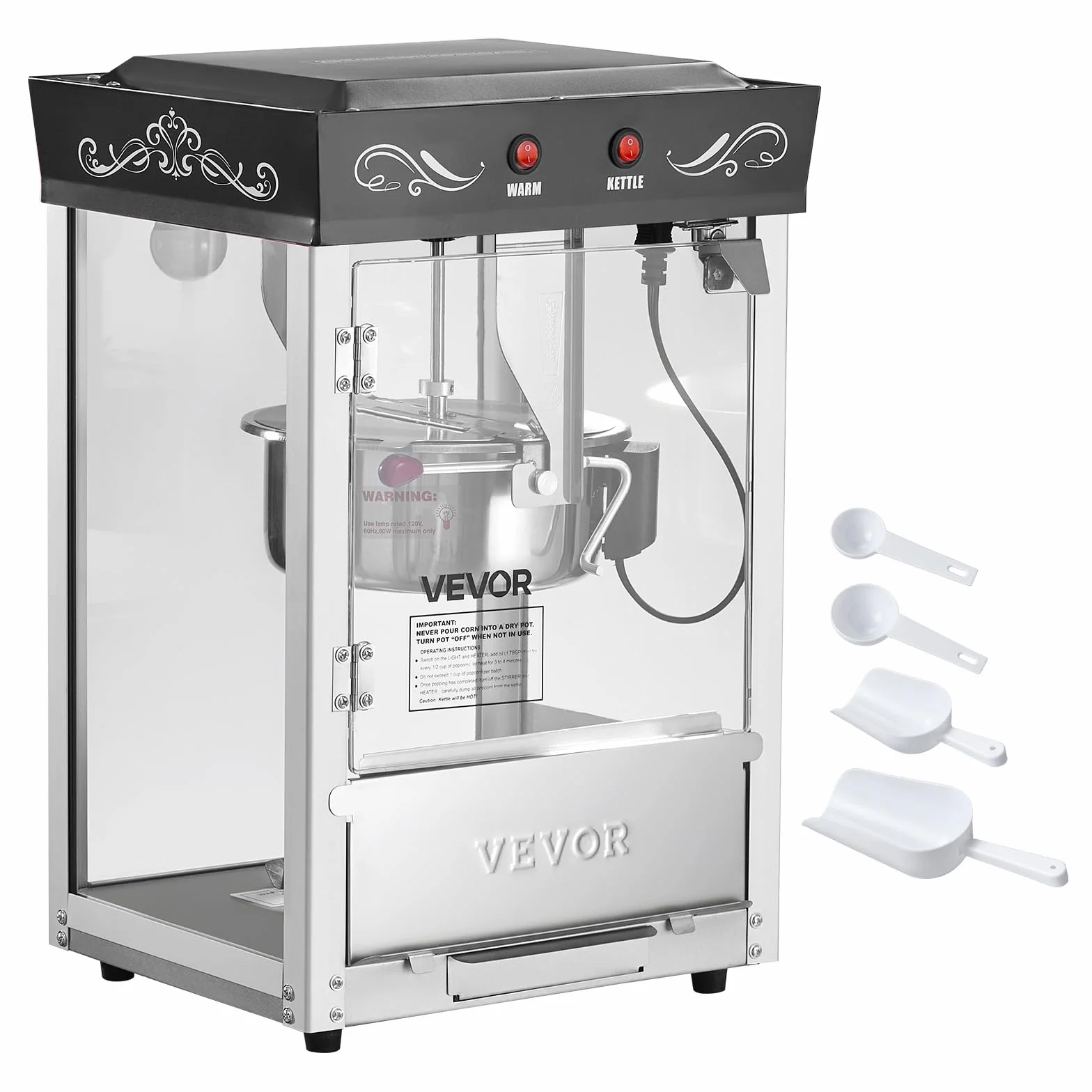 VEVOR Máquina de Palomitas Acero Inoxidable 800 W 48 Tazas Estilo Cine Negro