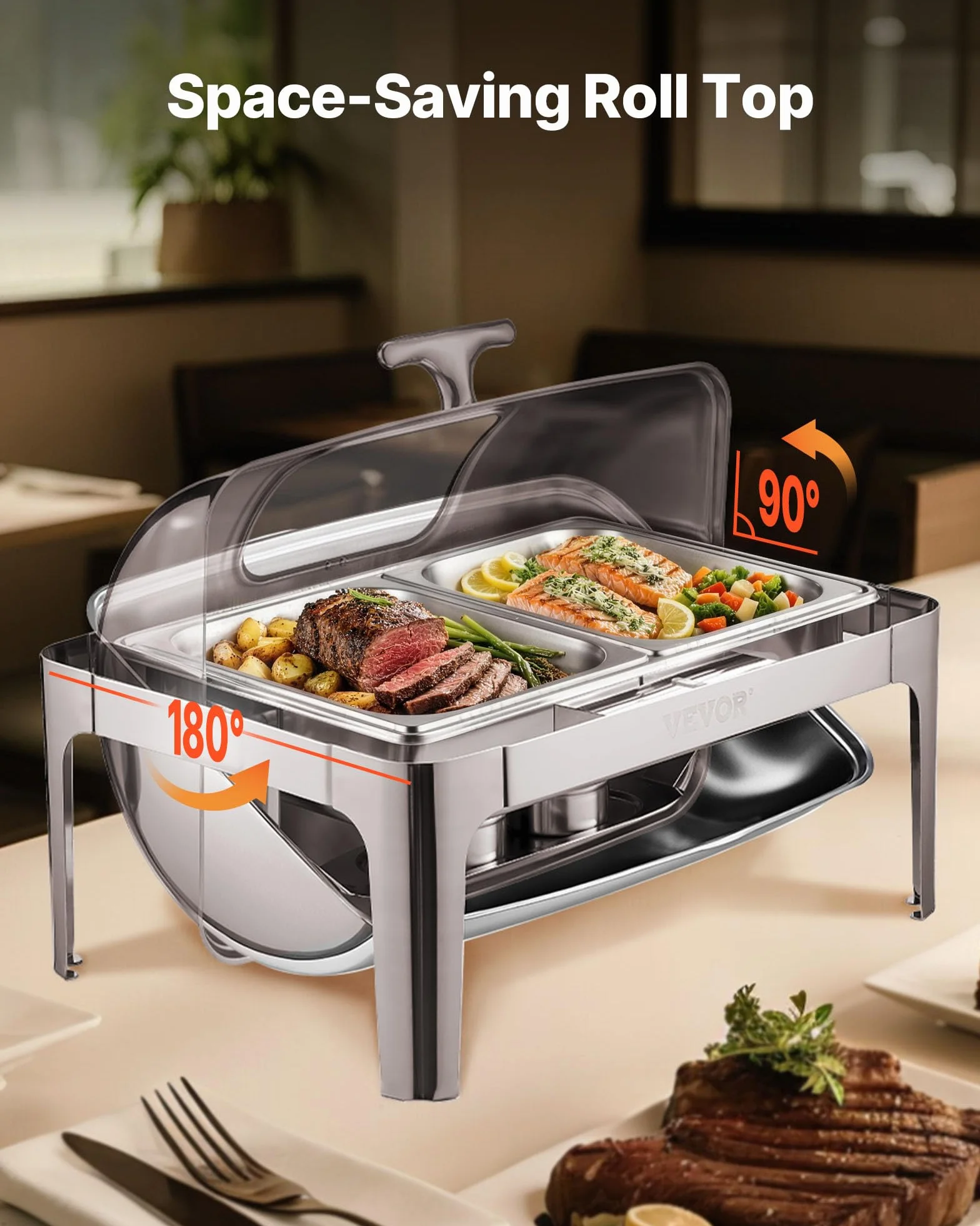 VEVOR Juego de Calentador de Alimentos de Acero Inoxidable con 2 Cacerolas de Tamaño Medio(3,9 L), Rectangular, Tapa Visible y Soporte para Bandeja de Agua y Depósito de Combustible, Plata, 1 ud