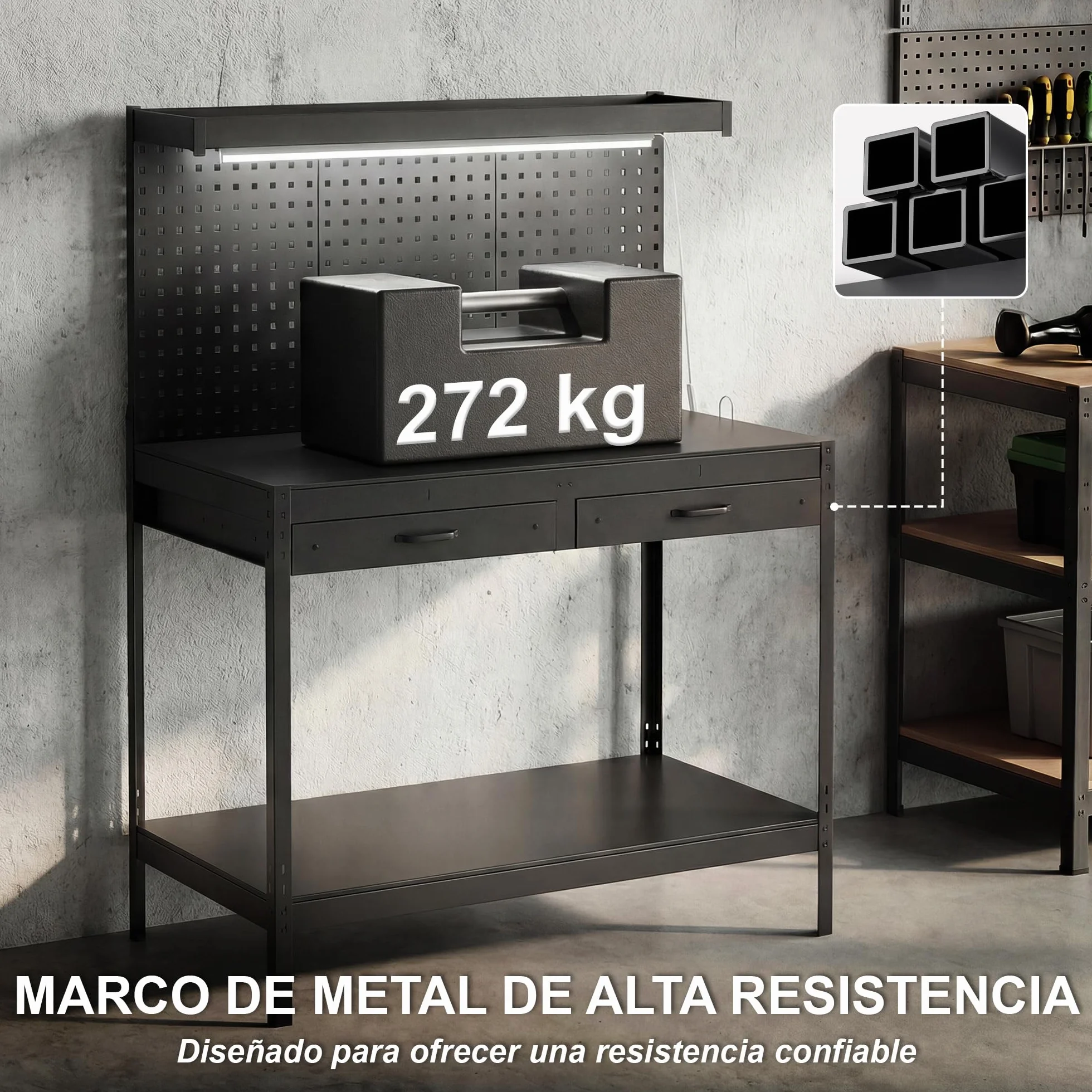 HOMCOM Banco de Trabajo, Carga 272 kg, 110x60x150 cm, Mesa de Trabajo con Tableros Perforados Metálicos, Toma de Corriente, Luces LED, 2 Cajones y Estantes, para Garaje y Taller, Negro