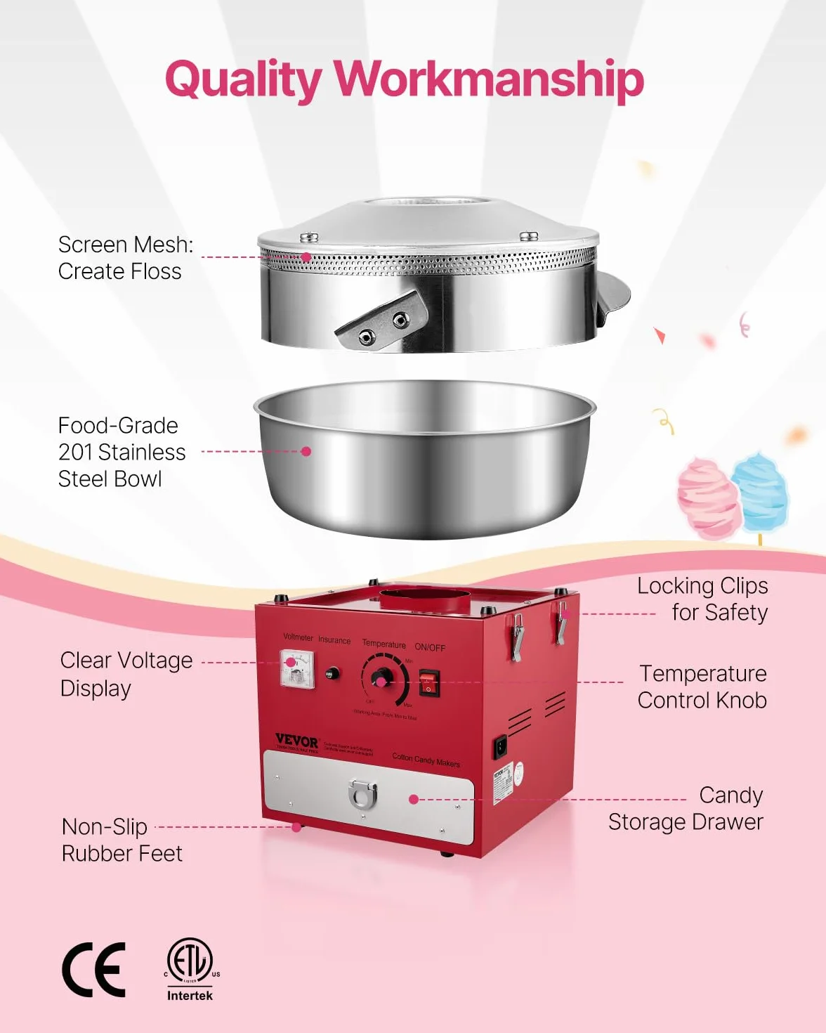 VEVOR Máquina Eléctrica para Hacer Algodón de Azúcar, 1000 W, con Recipiente Acero Inoxidable de 52 cm, Cuchara para Azúcar y Cajón, para Cumpleaños y Fiestas Familiares, Rojo, 520 x 520 x 447 mm