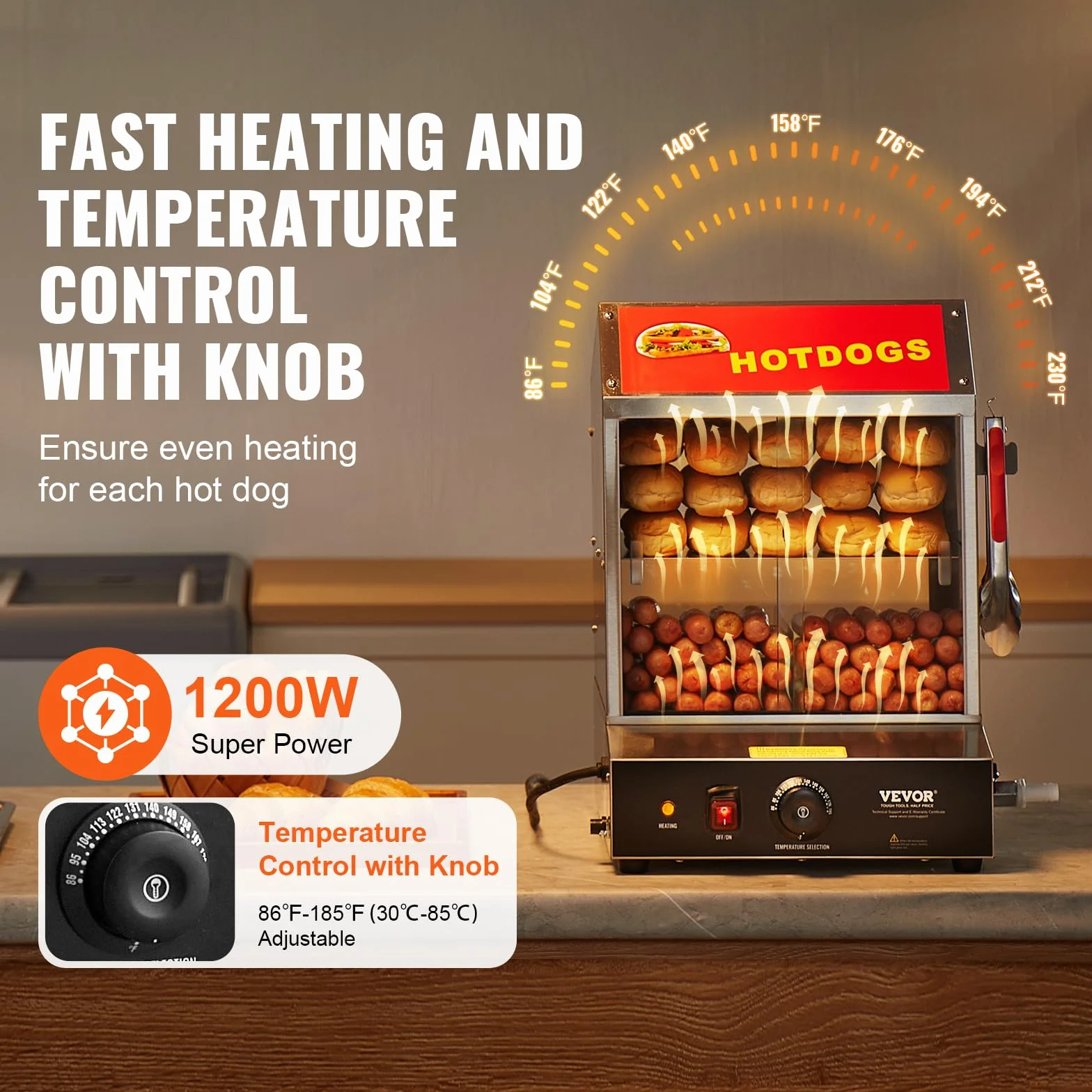 VEVOR Vaporera para Perritos Calientes 27 L 2 Niveles Control de Temperatura 30-85 ℃ Acero Inoxidable 345x380x510 mm