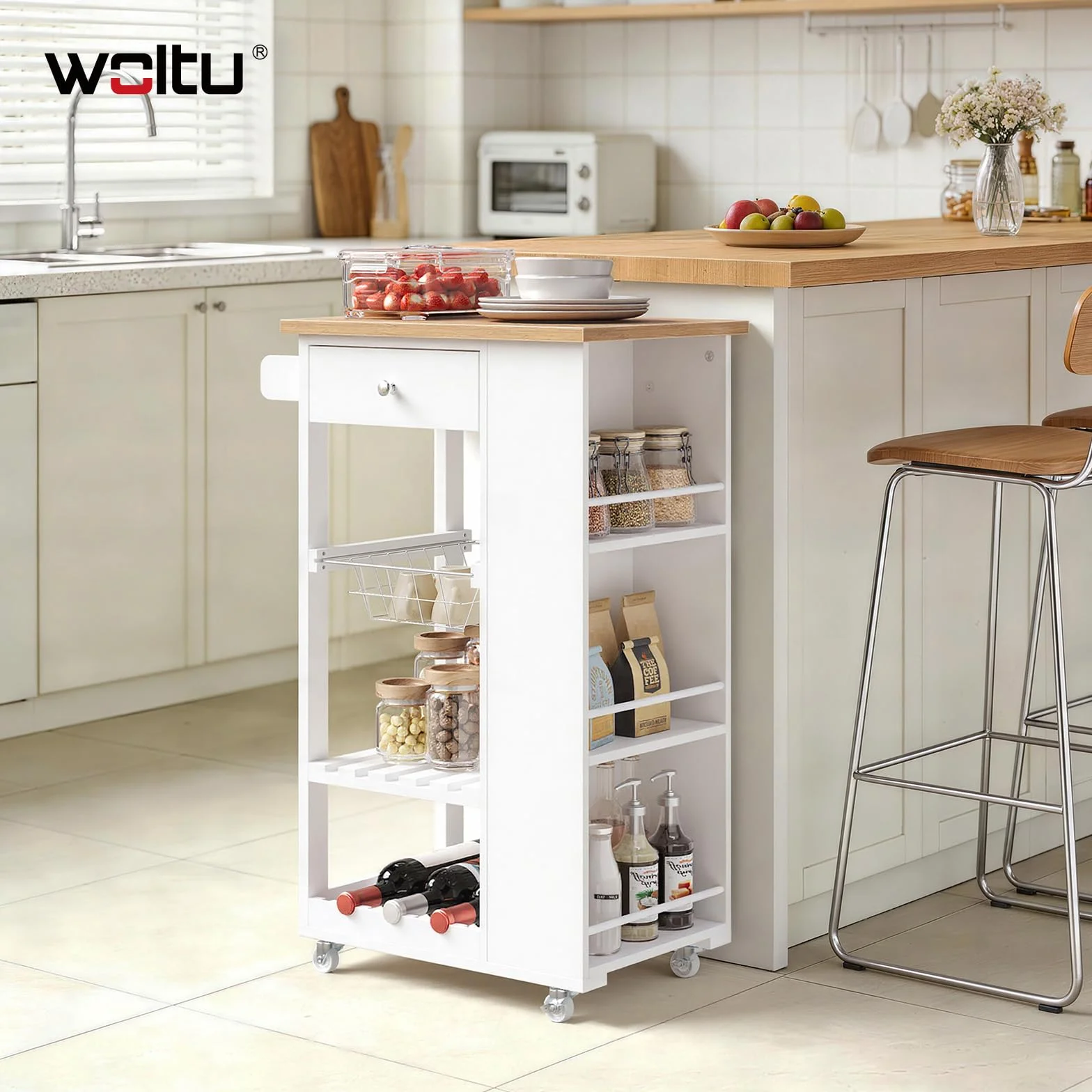 WOLTU Carrito Cocina con Ruedas, Carro Servicio con Cajón, Cesta, Estante Abierto, Botellero y Estantería Lateral en 3 Niveles, Isla de Cocina Multifuncional, MDF+Metal, Color Bambú + Blanco