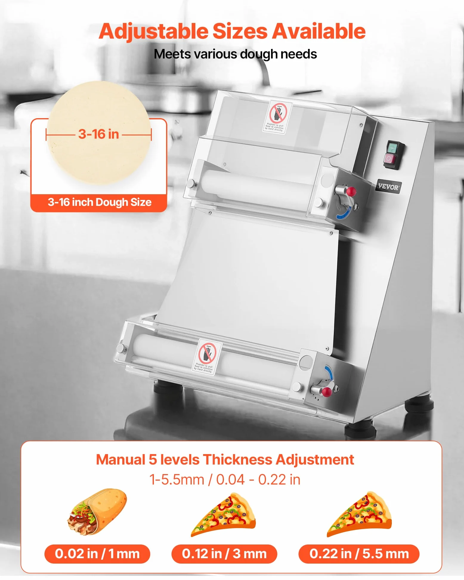 VEVOR Rodillo Laminador de Masa para Pizza, Prensa Semiautomática de Acero Inoxidable 7,6 a 40,6 cm, 390 W, 260 Piezas por Hora, Grosor Ajustable, con Tapa para Prensar Masa, 530 x 520 x 640 mm