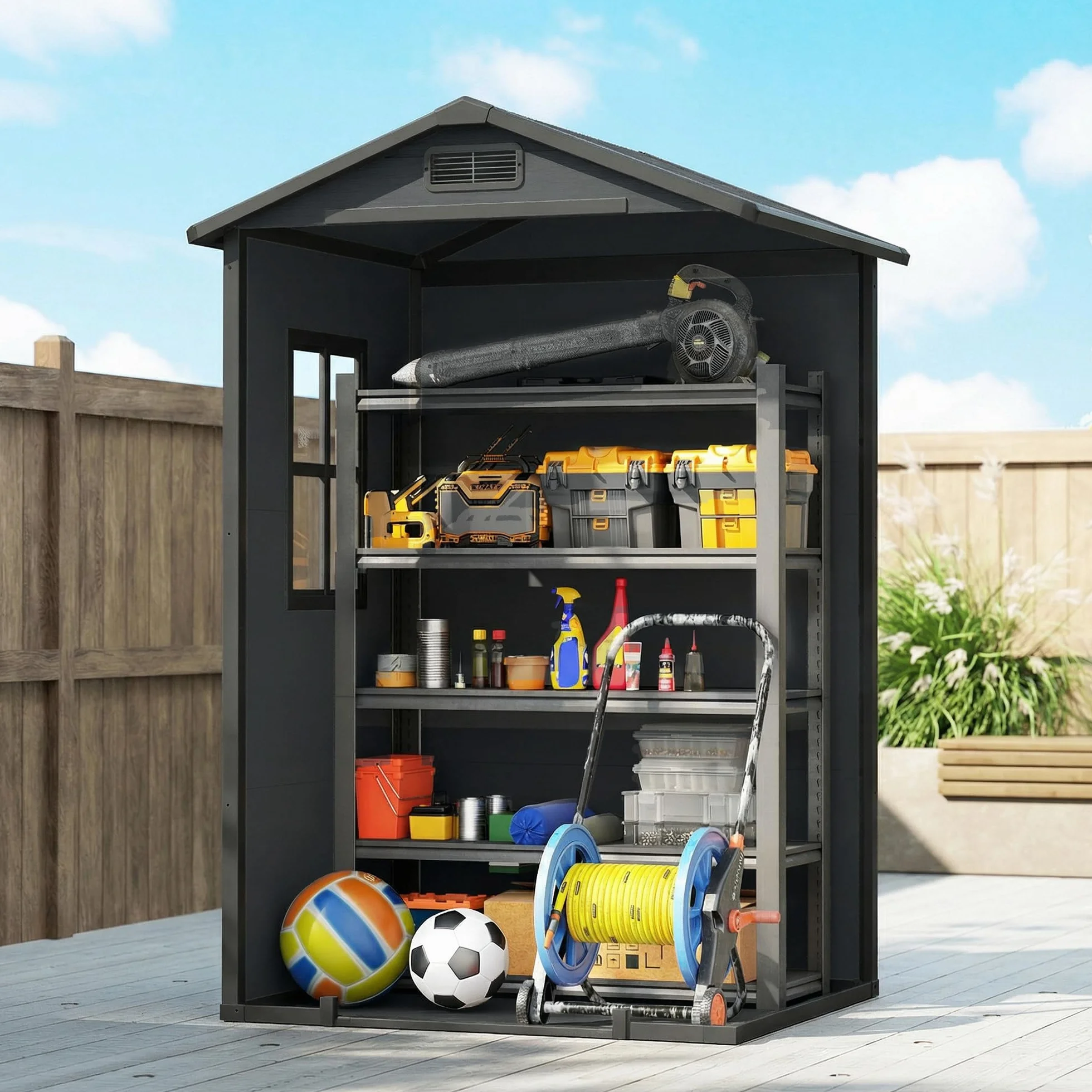 Outsunny Caseta de Jardín Exterior 1,09 m² 128x104x196 cm Cobertizo de Plástico con Suelo Puerta con Cerradura Gris Oscuro