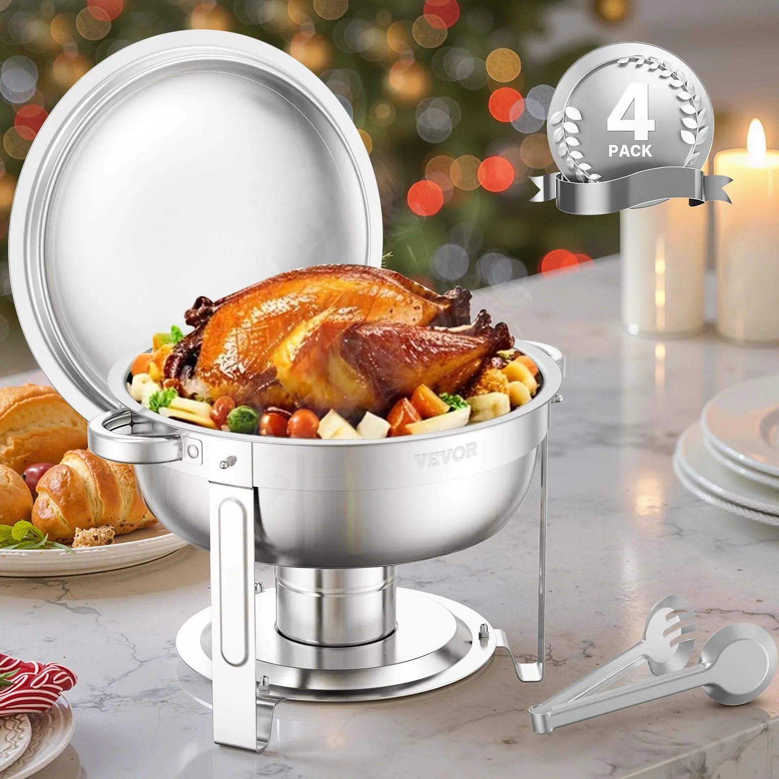 VEVOR Calentador de Alimentos para Bufé con 4 Recipientes de Tamaño Completo(4,7 L Cada Uno), Redondo, para Catering con Tapa, Bandeja de Agua y Soporte Plegable, para Bodas y Fiestas, Plata