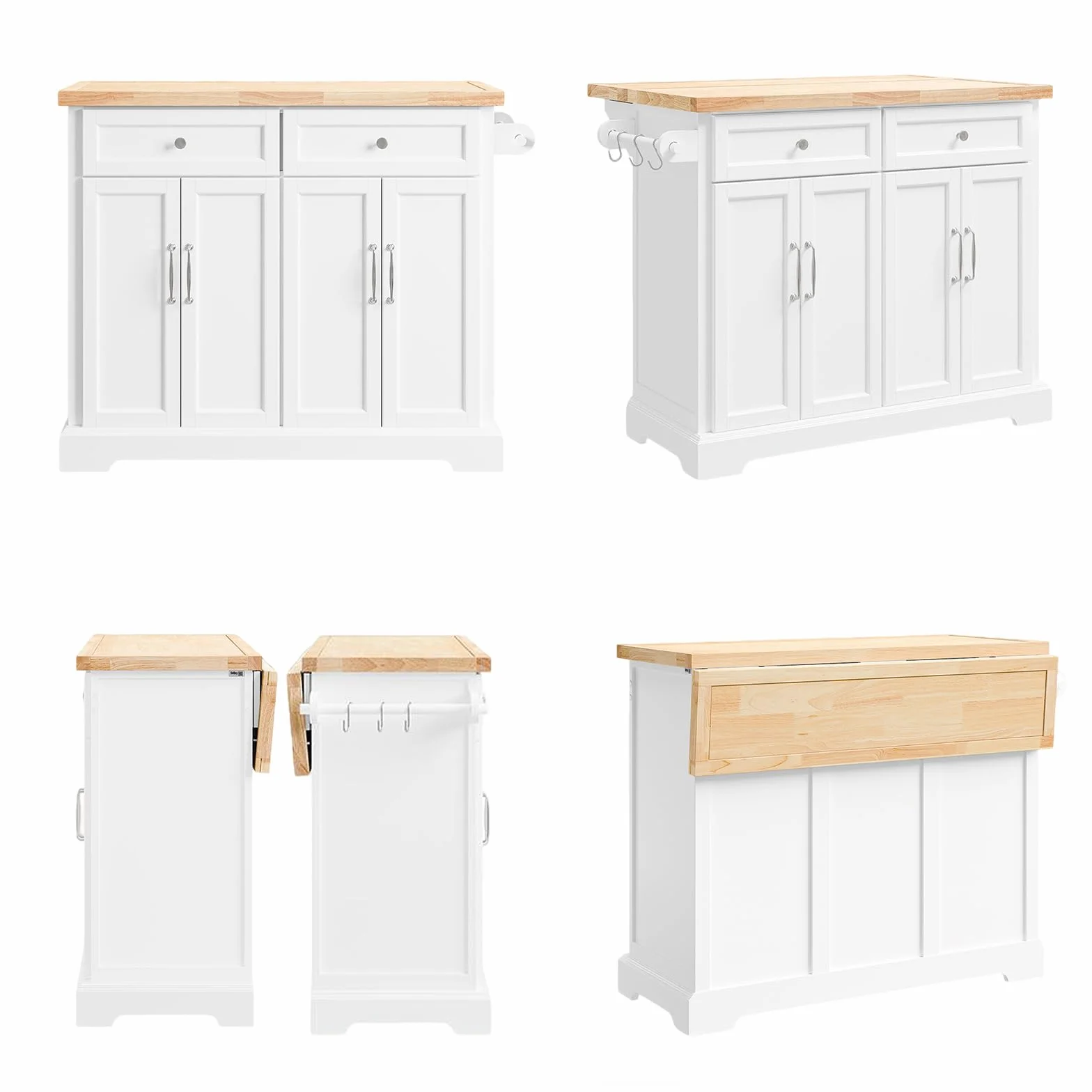 SoBuy Isla Cocina con Ruedas Carrito de Cocina con encimera Extensible Isla de Cocina móvil con Mesa Auxiliar de Cocina con Ruedas Blanco 115x92x(46-71) cm FKW71-III-WN
