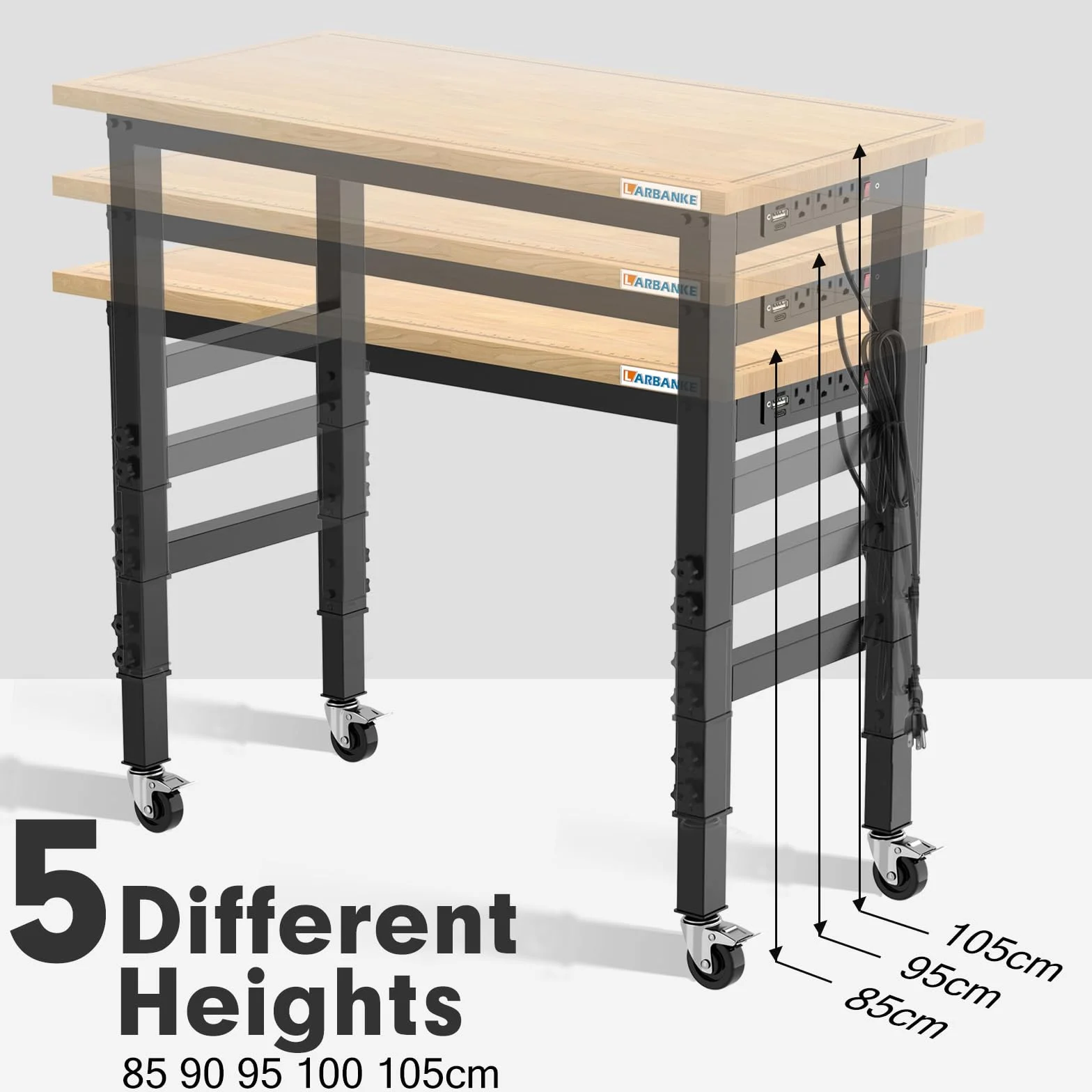 LARBANKE Banco de Trabajo 120CM Madera Caucho Ajustable 5 Alturas 900KG Ruedas Freno