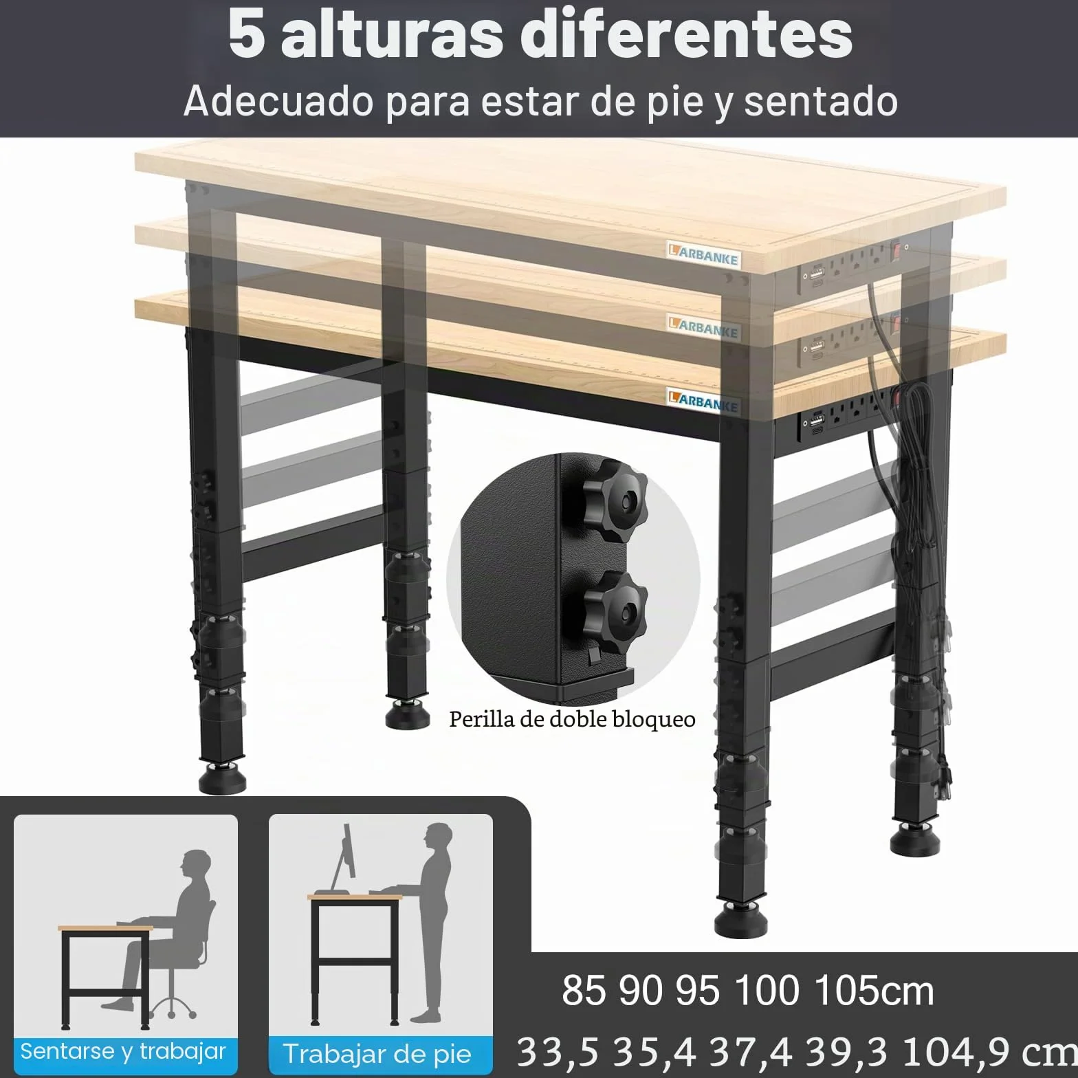 Banco de trabajo ajustable 120 cm 900 kg mesa de madera de caucho 5 alturas panel de alimentación