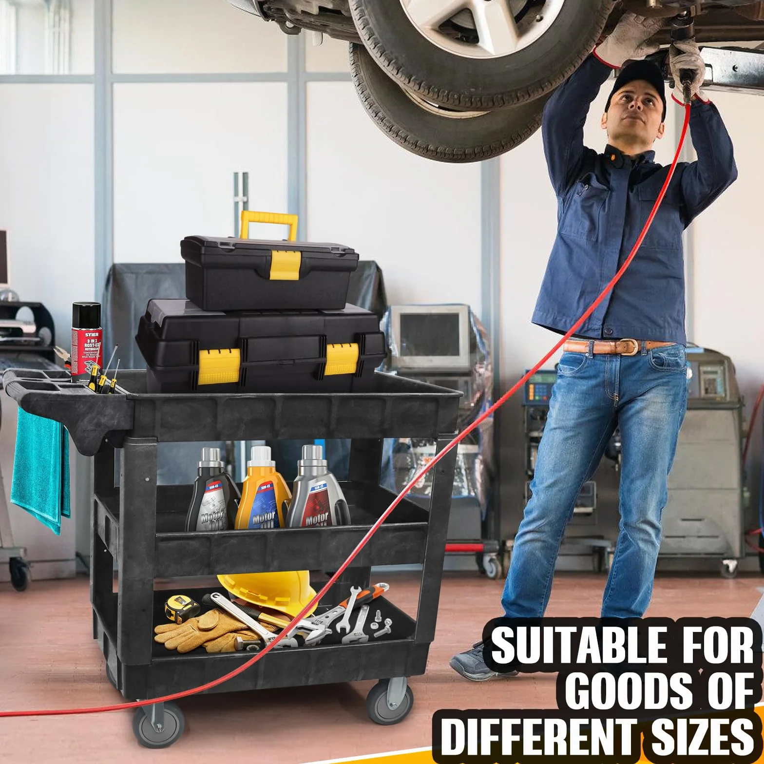 Carro de Taller de 3 Niveles (103×44×85 cm), Capacidad 250 kg – estantes Ajustables, Ruedas giratorias y Mango con Compartimentos – mazo de Goma Incluido