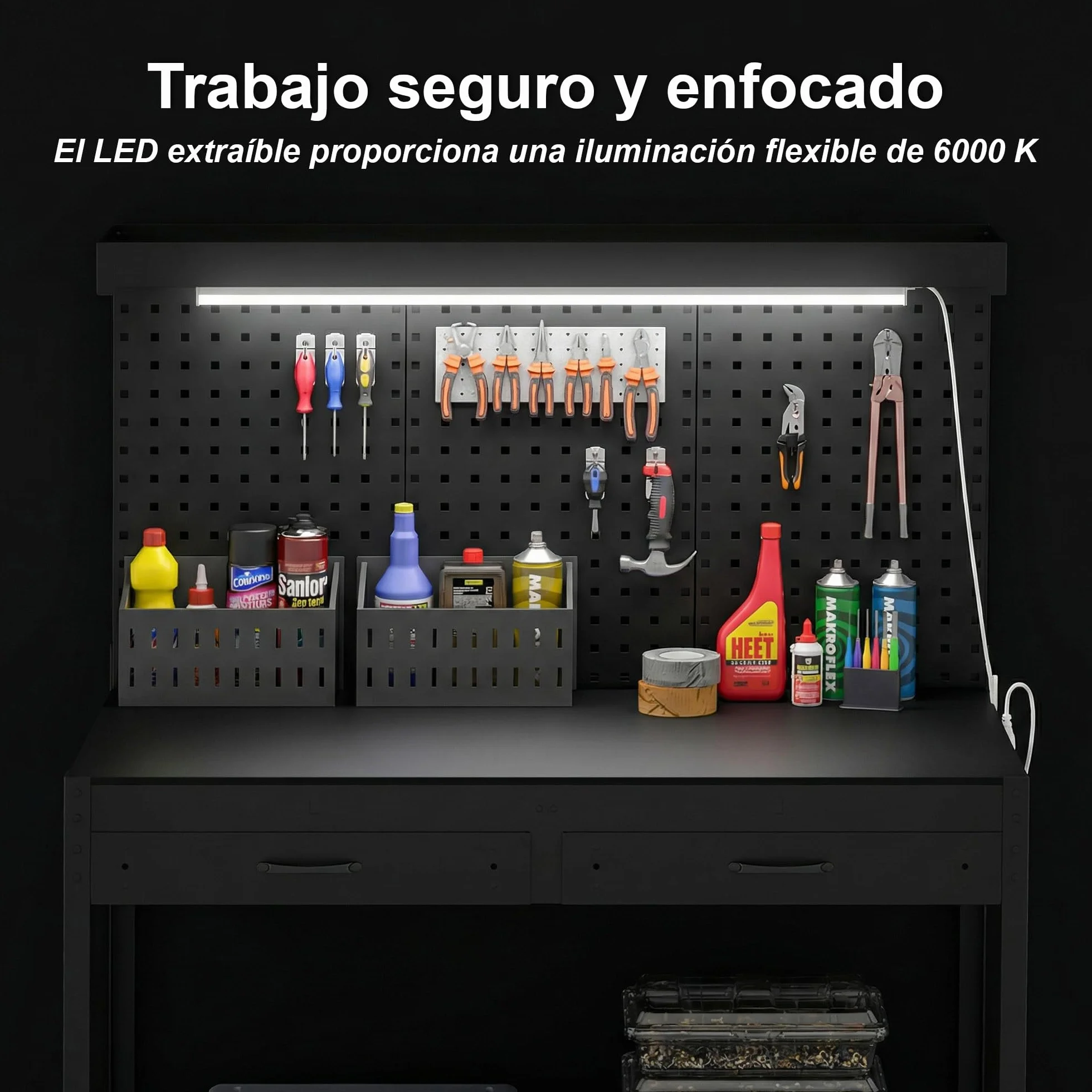 HOMCOM Banco de Trabajo, Carga 272 kg, 110x60x150 cm, Mesa de Trabajo con Tableros Perforados Metálicos, Toma de Corriente, Luces LED, 2 Cajones y Estantes, para Garaje y Taller, Negro
