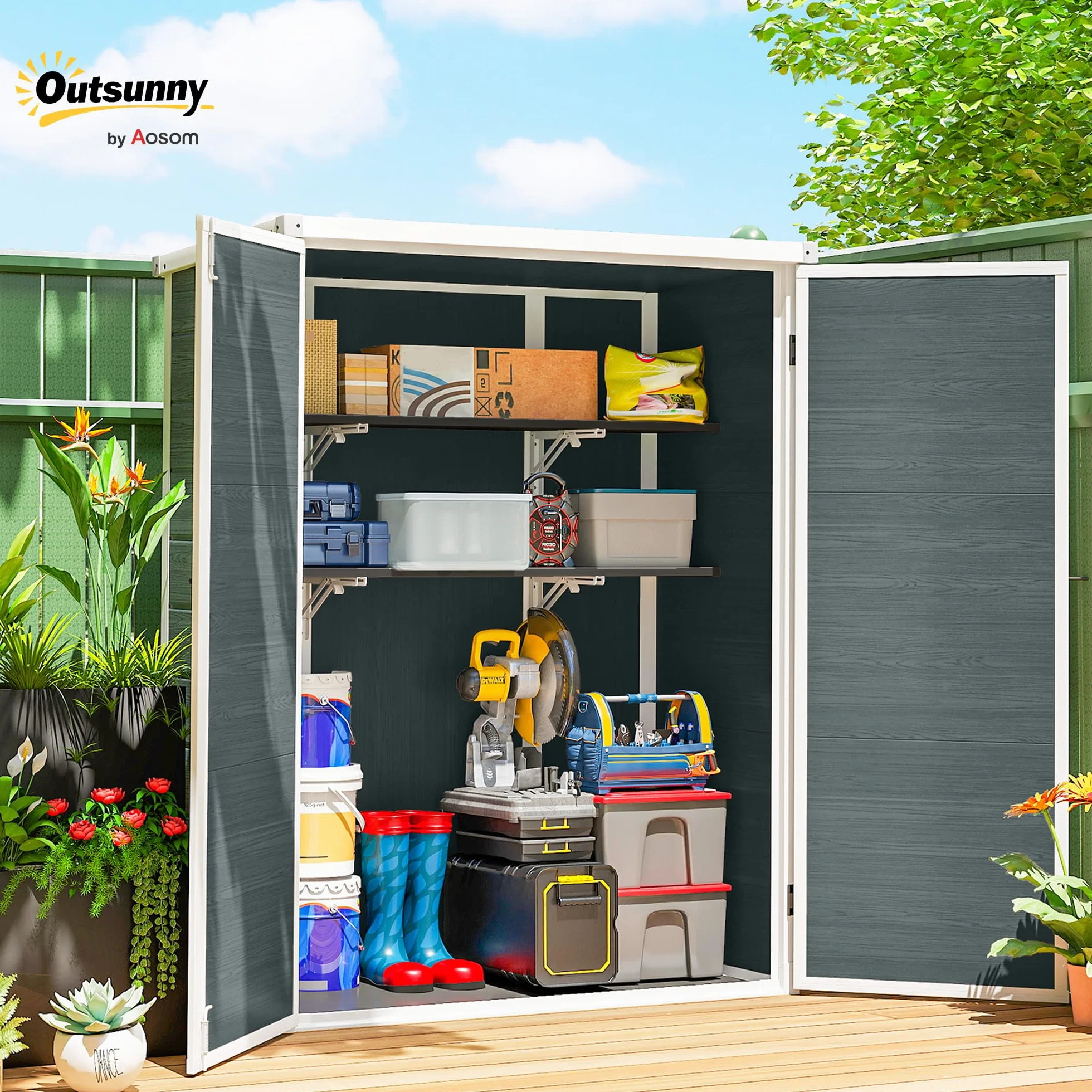 Outsunny Cobertizo de Jardín Exterior 0,81 m² Plástico y Aluminio 2 Estantes Plegables Puertas Dobles Gris