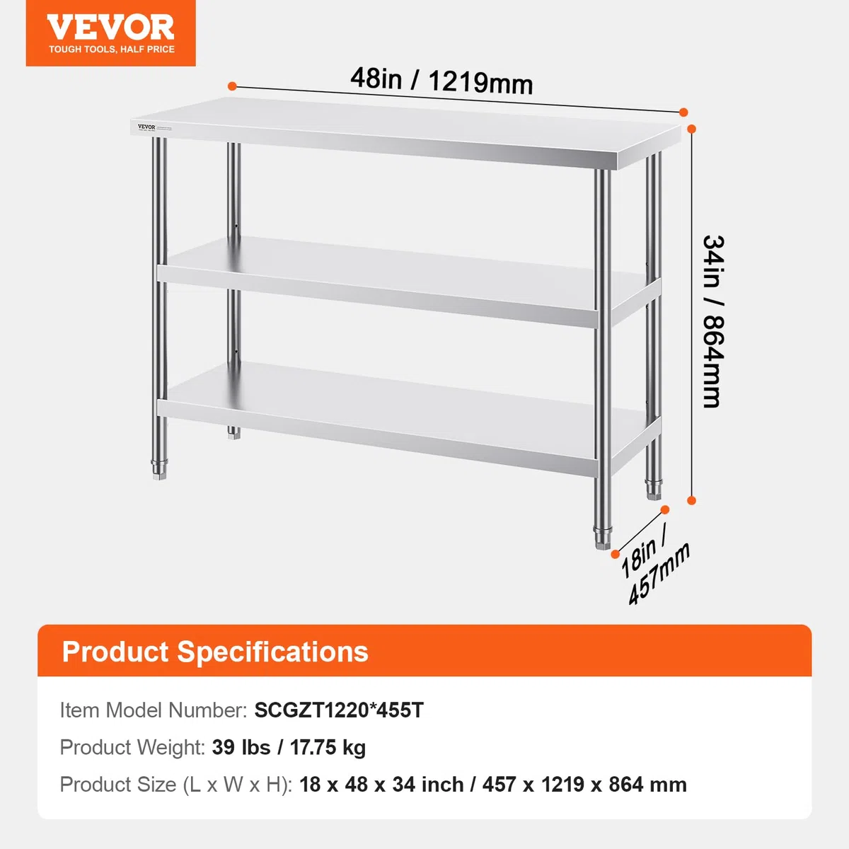 Mesa de Preparación VEVOR para Cocina y Hogar, 457x1219x864 mm, Acero Inoxidable, 2 Estantes Inferiores Ajustables