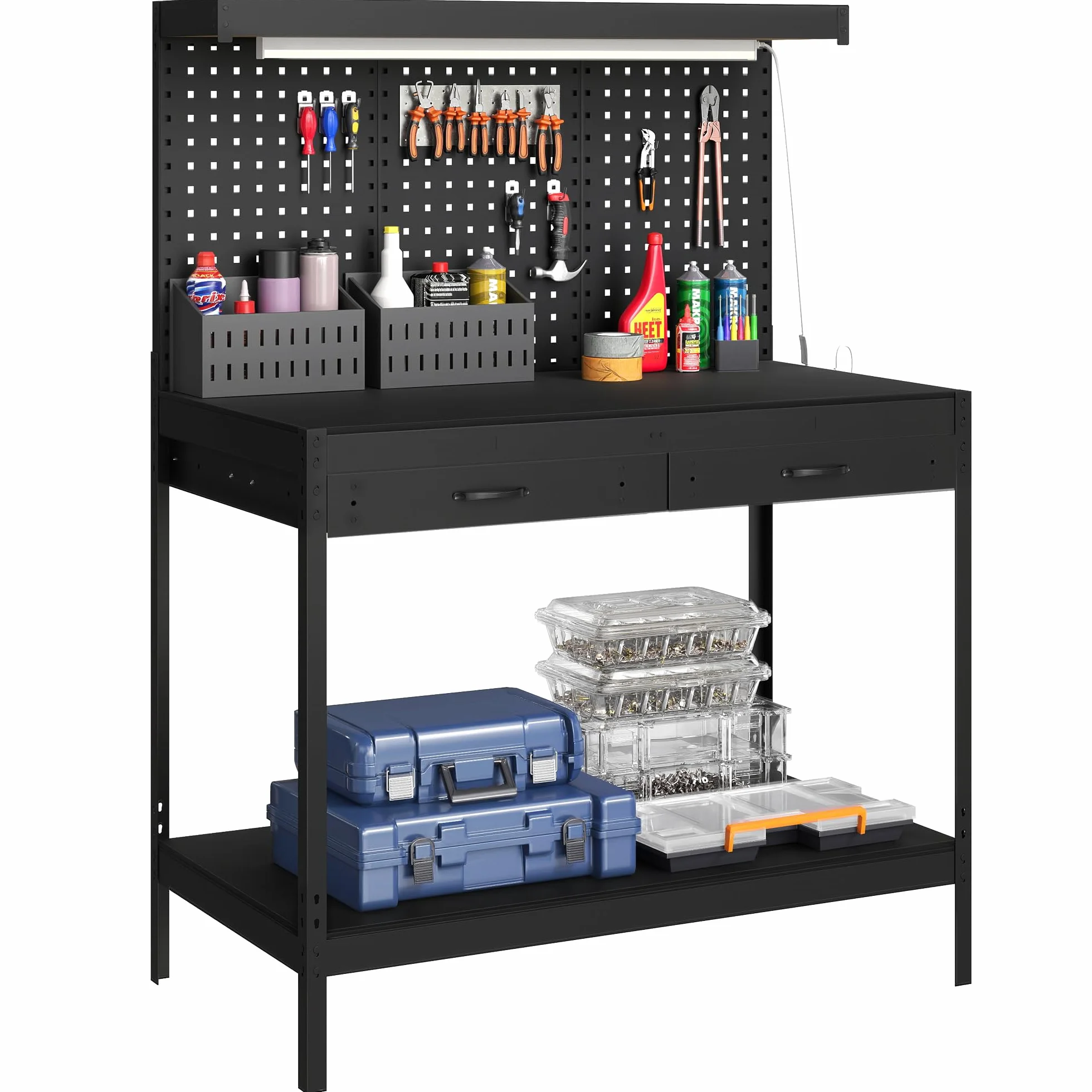 HOMCOM Banco de Trabajo, Carga 272 kg, 110x60x150 cm, Mesa de Trabajo con Tableros Perforados Metálicos, Toma de Corriente, Luces LED, 2 Cajones y Estantes, para Garaje y Taller, Negro